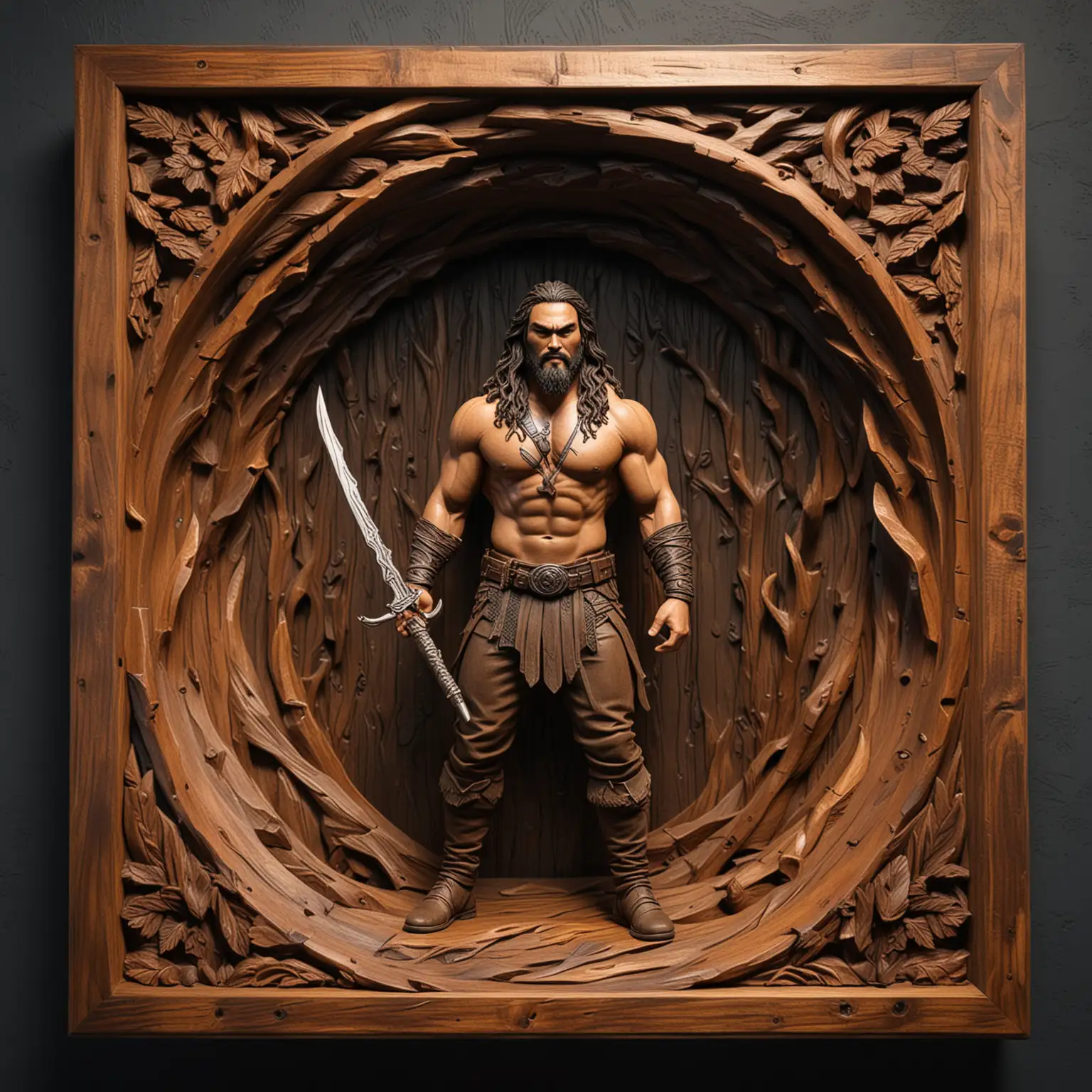 3D wood carved Jason Momoa standing tunnel with a sword, within dark wood surround frame