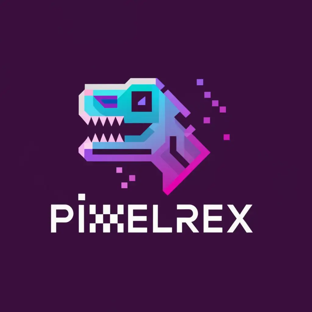 a logo design,with the text "PixelRex", main symbol:A stylised t-rex head, funky and minimalistic, , bold outline, sharp edges, purple,Minimalistic,be used in Technology industry,clear background