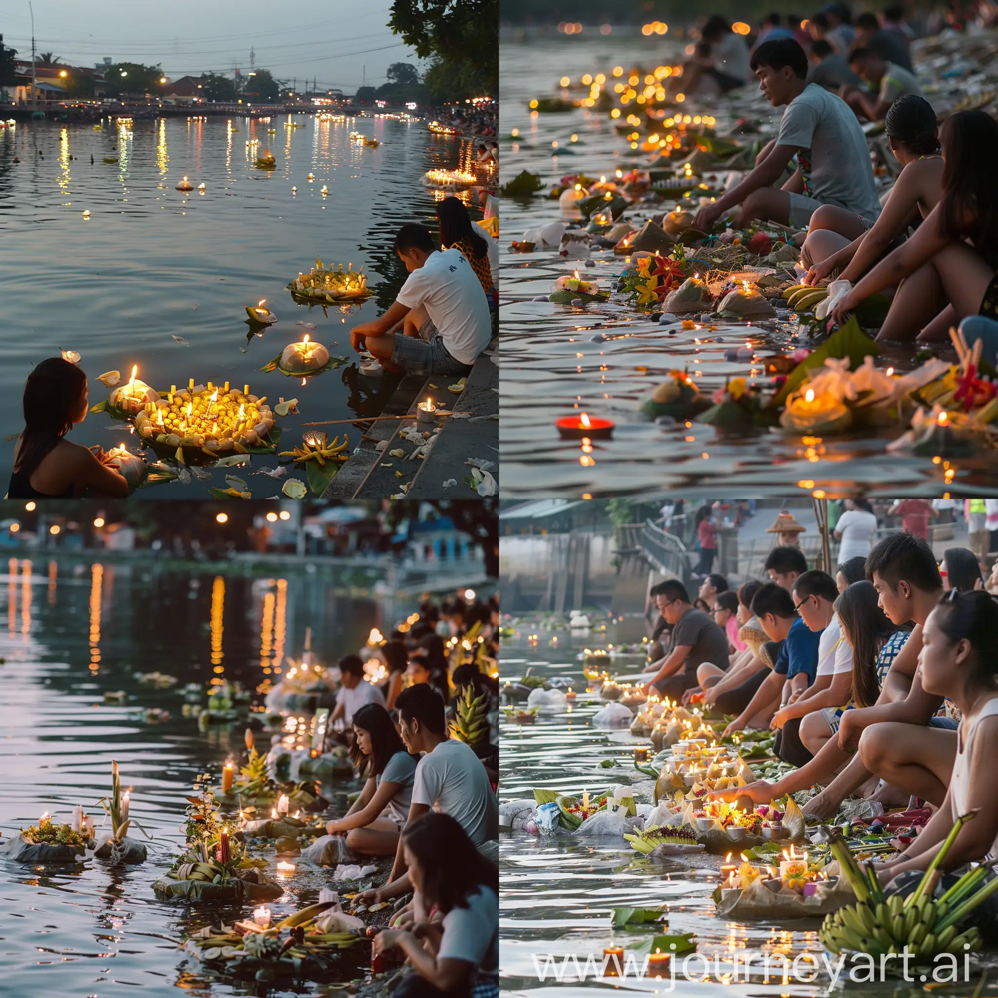 Loy-Krathong-Festival-Tranquil-River-Scene-with-Floating-Krathongs