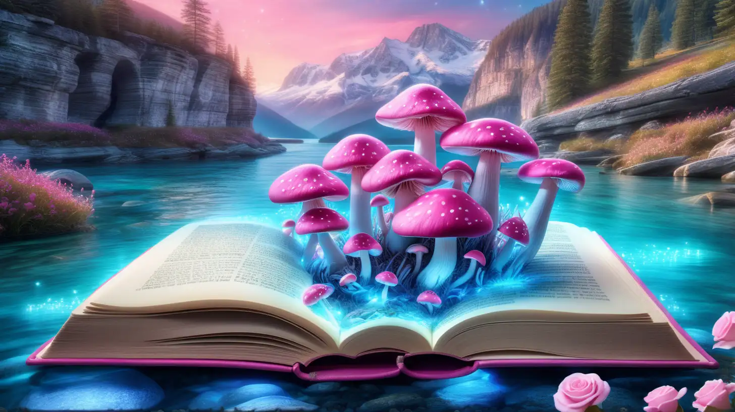 Enchanted Fairytale Book with Glowing Mushrooms and River