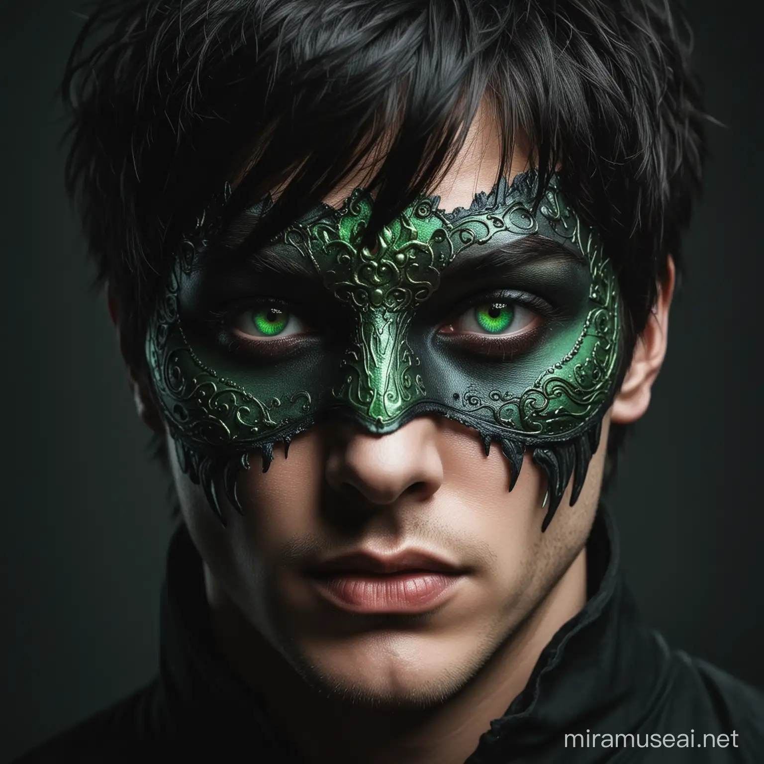 Темное фэнтези. Мужчина в маске до глаз. С темными короткими волосами. Глазами разных цветов, правый глаз алого цвета, левый глаз зеленого цвета. 