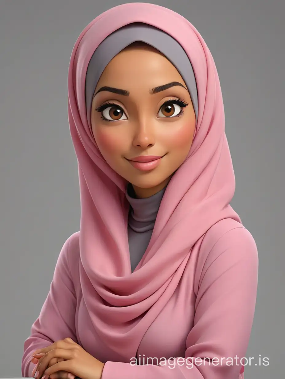Photo realistic caricature 3d cartoon render of a beautiful Indonesian woman in a pink hijab, sitting in Muslim attire, with a gray background, very bright, high resolution