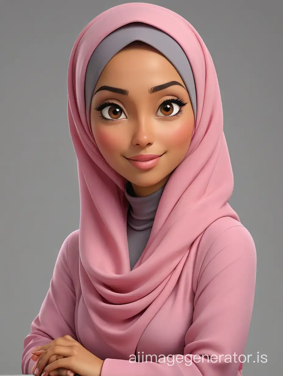 Photo realistic karikatur 3d cartoon render seorang wanita cantik Indonesia berjilbab pink,baju muslimah duduk, background abu-abu, sangat terang, high resolusi 