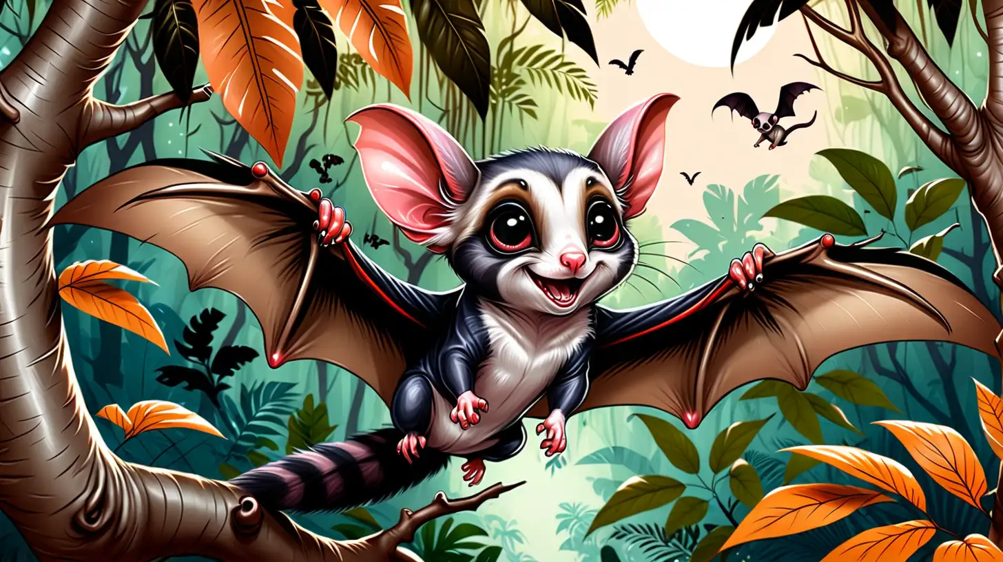 Adorable Sugar Glider Dracula Flying in Jungle Scene