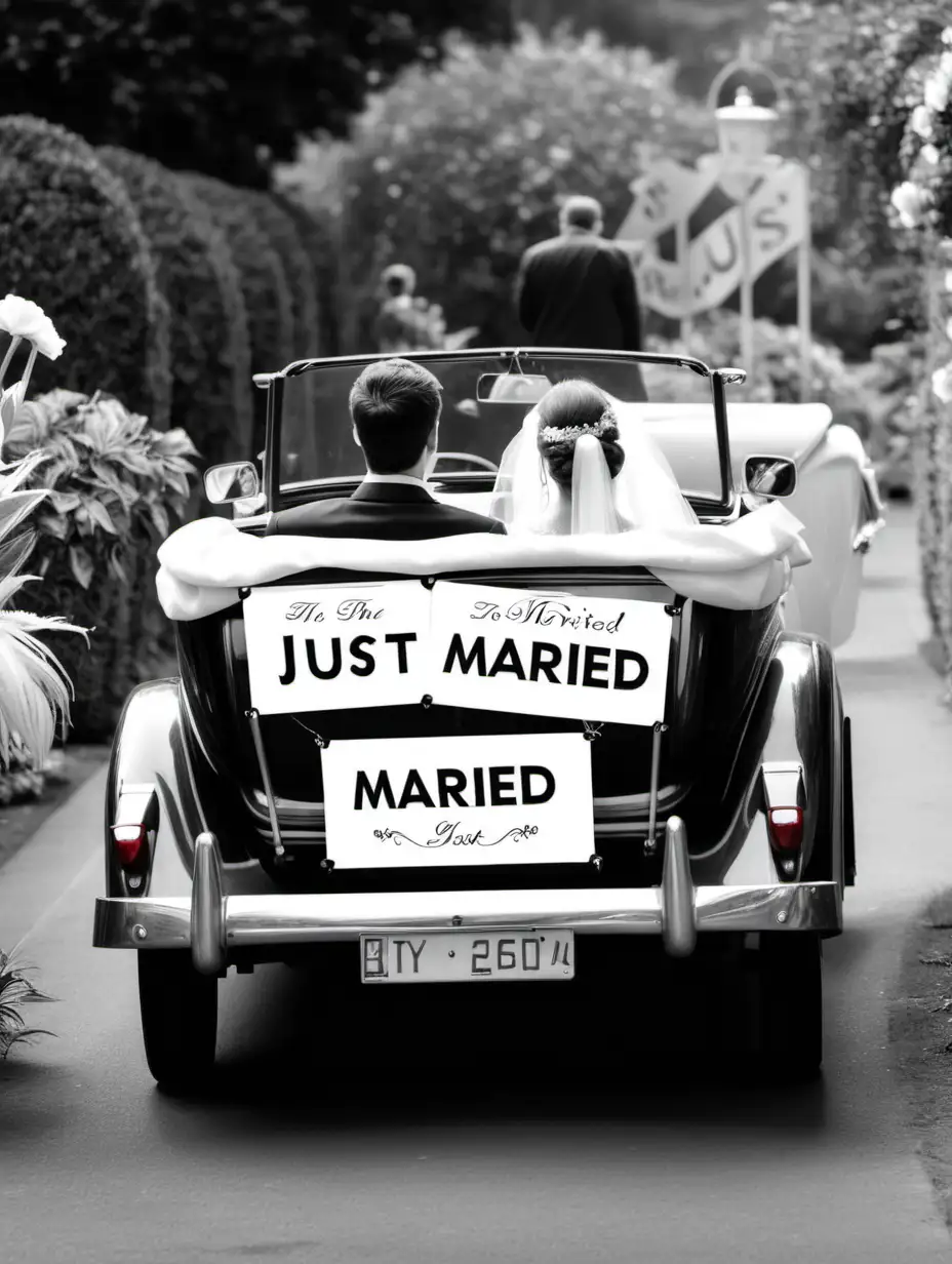 A black and white photo of a bride and groom in a vintage car driving out of a botanic garden, the car has the just married banner on the back