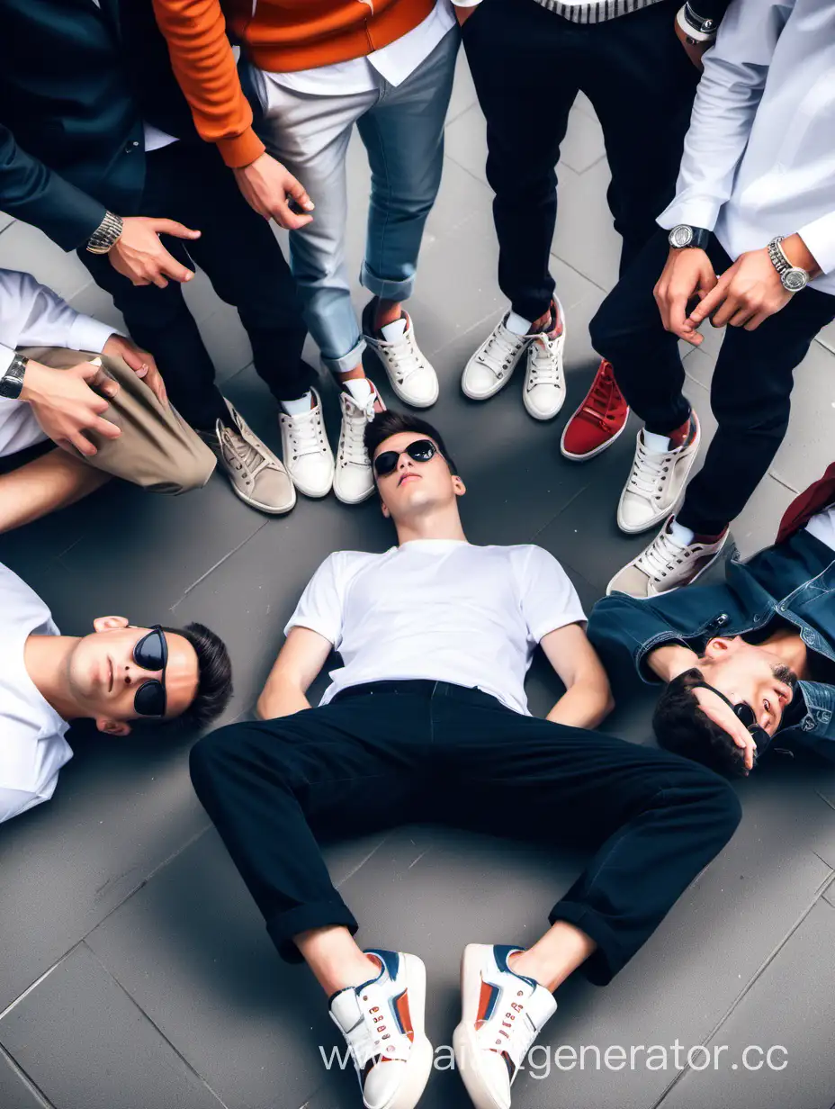 
guy lies under the feet of stylish young guys in sneakers