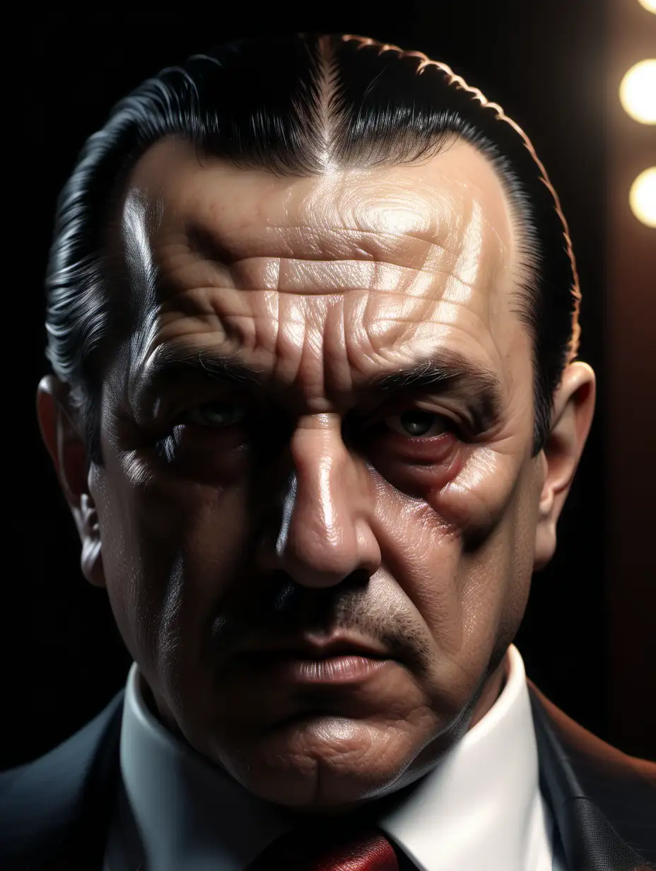 Photo-realistic, (bright and evenly lit), close up, portrait, day light. A Mafia boss, his face.