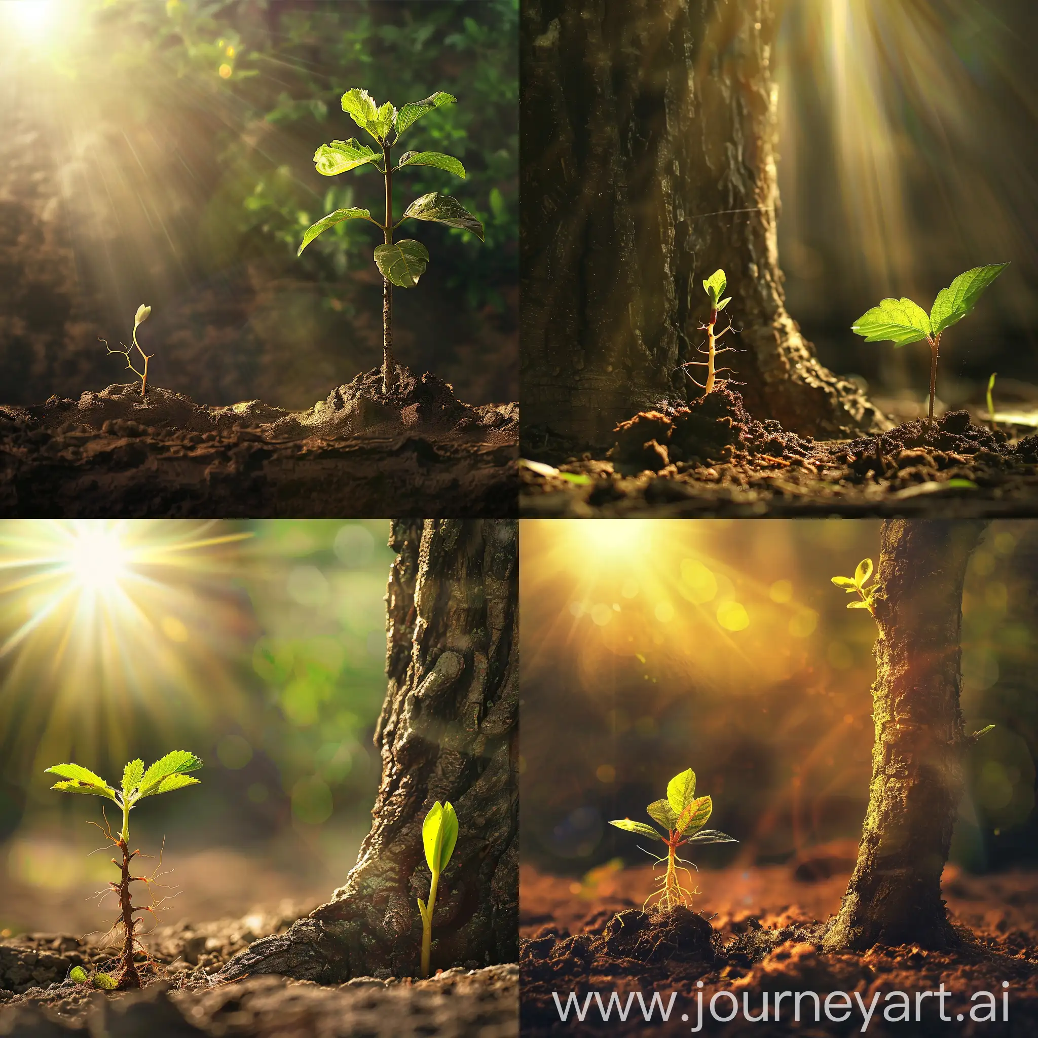 create a sunlit day with a sprout of a tree and beside it is a mature tree.