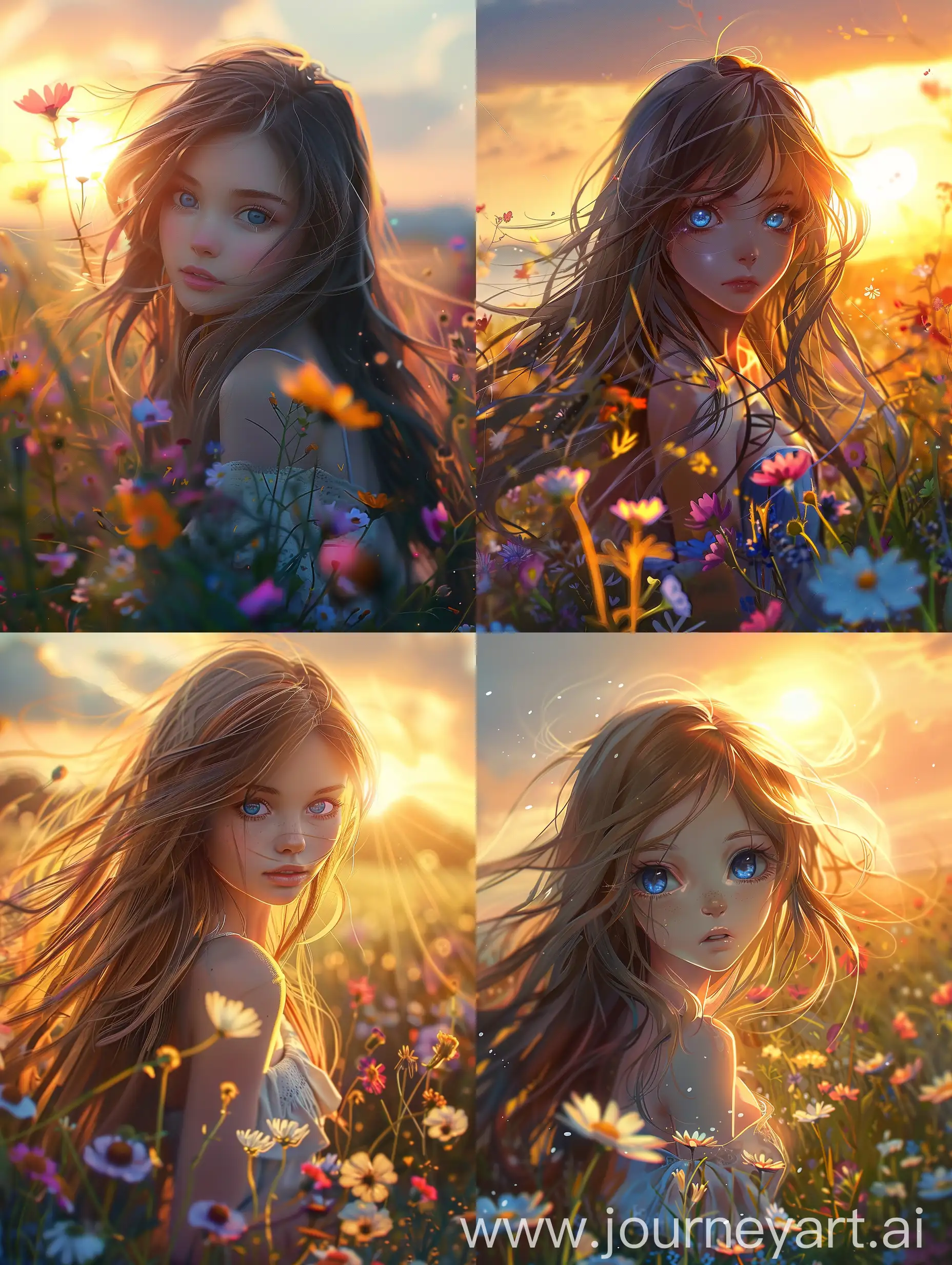 A stunningly beautiful girl with long, flowing hair and piercing blue eyes, standing in a field of wildflowers with the sun setting behind her.