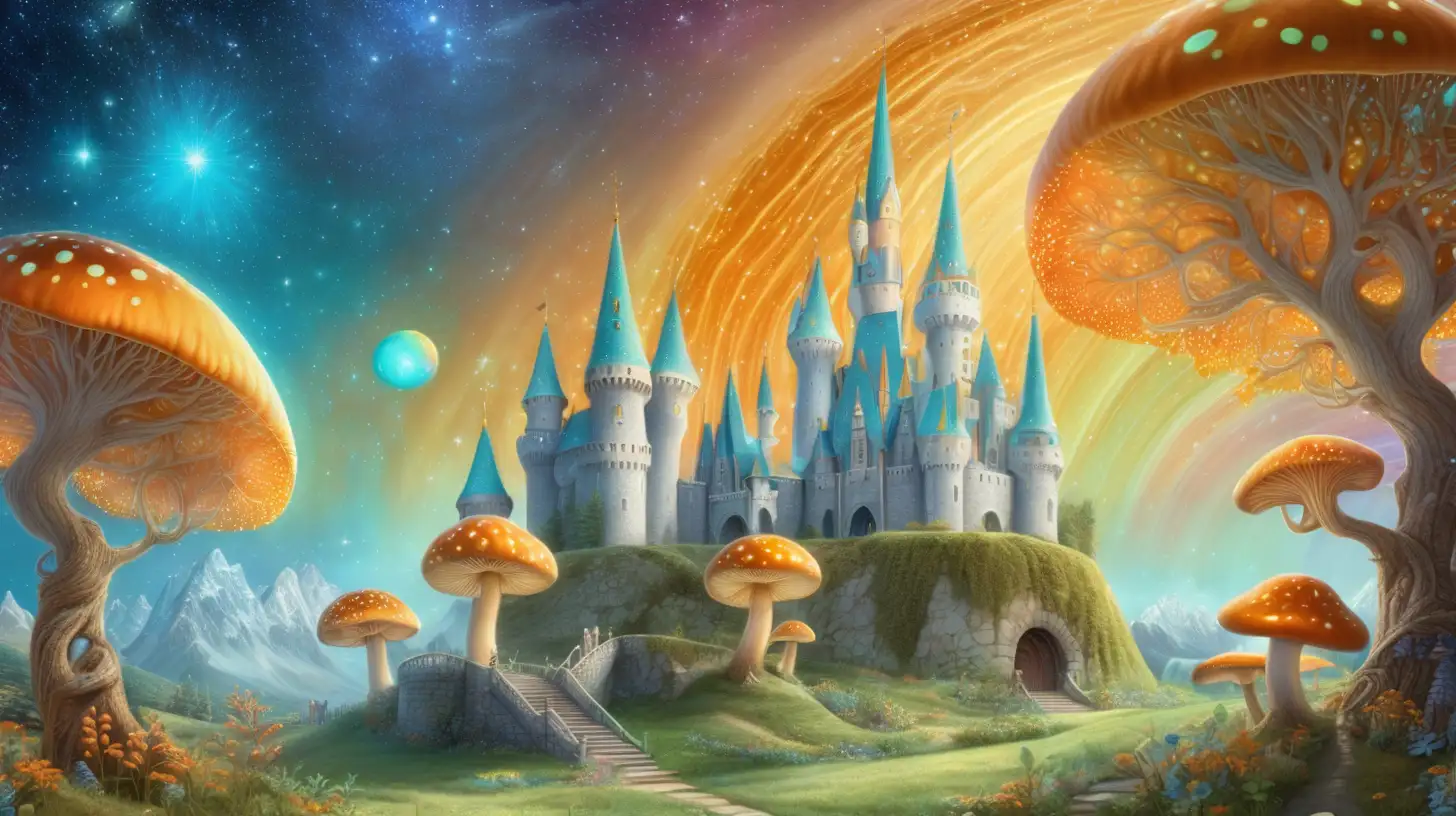fairytale-magical grape trees -glowing-golden orange-pastel green-sky blue forming a castle that shows outer space astroids and rainbow-mushroom garden