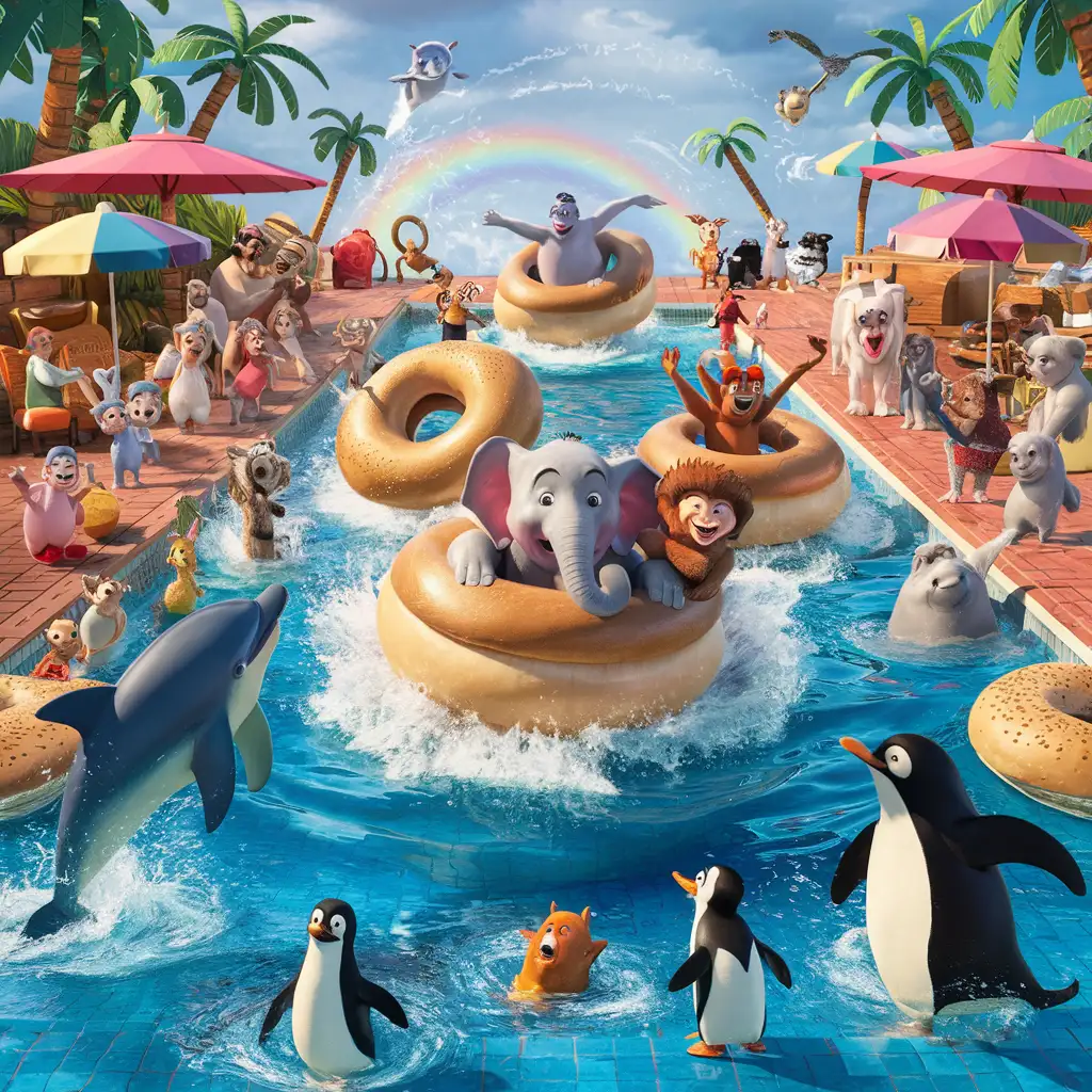 The image features a bustling poolside scene, rendered in the lively and colorful style reminiscent of Pixar animations. Various animals of all shapes and sizes are joyfully splashing and playing in the water, creating waves and ripples that reflect the vibrant hues of the surrounding environment.

In the center of the pool, a group of animals is riding on oversized bagels, which serve as makeshift intertubes. A cheerful elephant balances precariously on one bagel, its trunk raised in excitement as water splashes around. Nearby, a mischievous monkey clings to another bagel, wearing oversized sunglasses and grinning mischievously.

On the pool deck, more animals are lounging and enjoying the festivities. A pair of friendly dolphins leap gracefully out of the water, while a family of penguins waddle along the edge, their flippers outstretched in anticipation of their turn to jump in.

In the background, colorful umbrellas dot the poolside, providing shade for the animals and adding to the festive atmosphere. Palm trees sway gently in the breeze, and a rainbow stretches across the sky, casting a magical glow over the scene.

With its playful energy and charming characters, the image invites viewers to join in the fun of this whimsical animal pool party, where laughter and joy abound.
