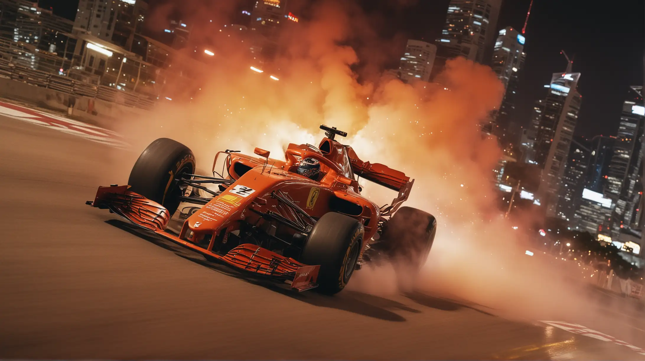 [bird eyes view,Red Ferrari  F1 racing at night in Singapore, strong speed smoke ],  sky ablaze with red and orange, cinematic style, Kodak Vision3 500T 5219, inspired and dreamy mood, warm color grading