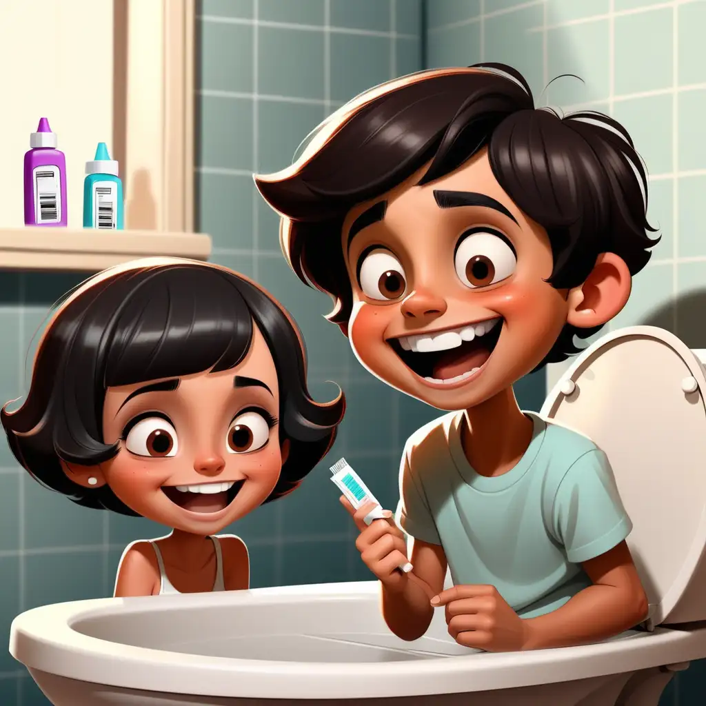 Enchanting Storybook Characters Hispanic Boy Surprised on Toilet with Girl Holding Positive Pregnancy Test