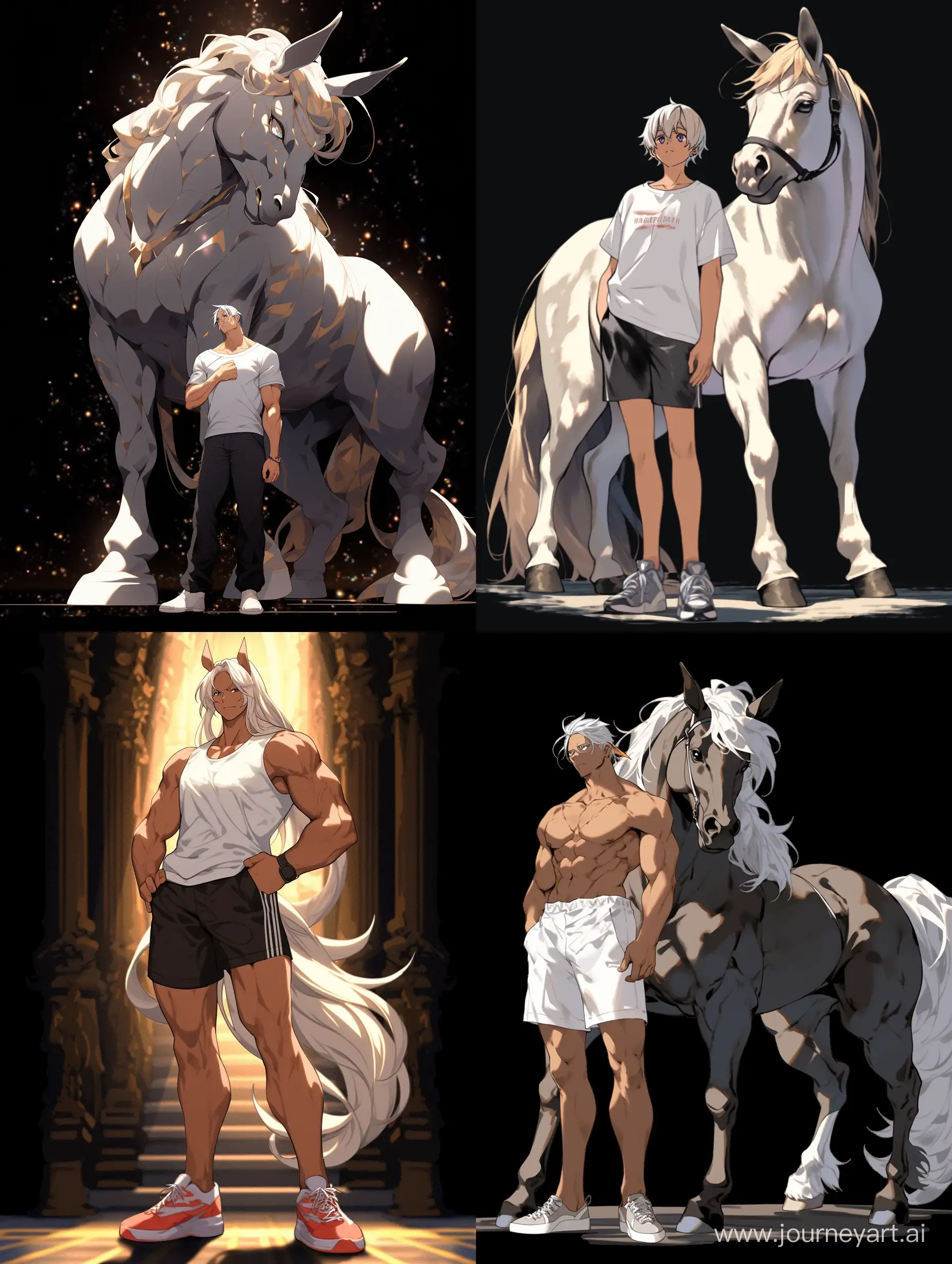young centaur with horse ears, with cute face, with white hair, dressed in a light white T-shirt, full body, glossy skin, Cinematic, anime, extremely complex, 8K rendering, --s 500 --niji 5