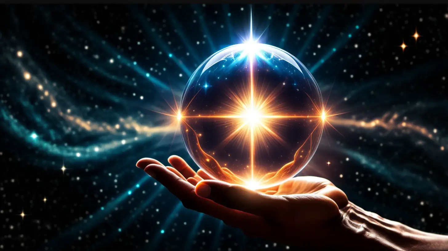 gods hand holding an orb of light set to a cosmic background
