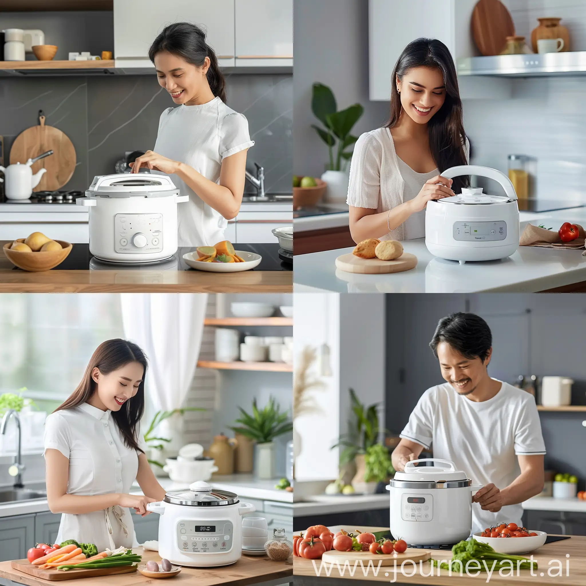 happy customer using white colour kitchen appliances like pressure cooker
