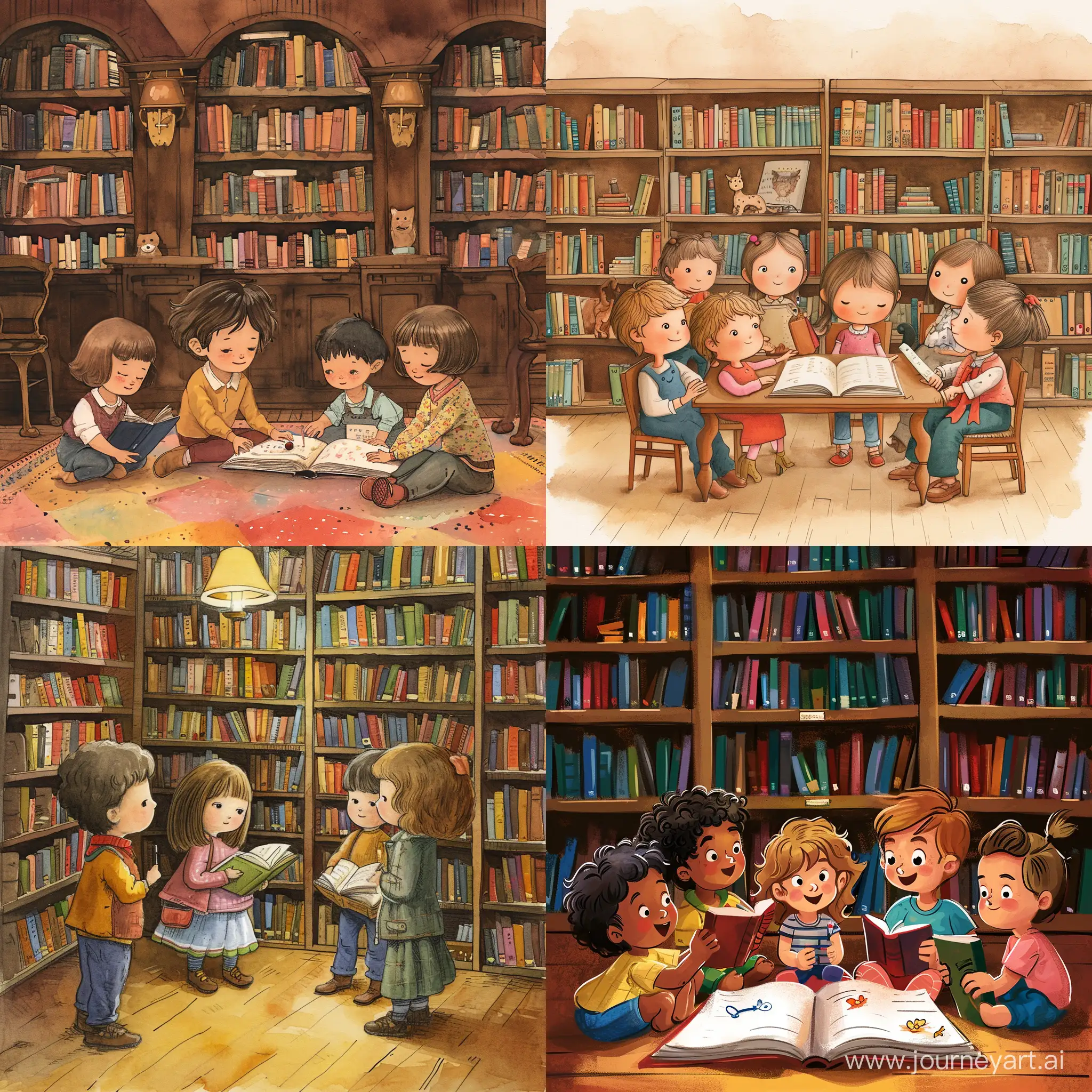 Children in the library children illustration for book