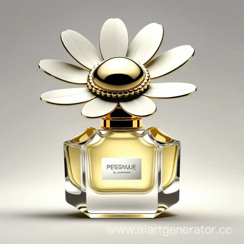 una botella para perfume inspirada en la flor margarita, debe ser sofisticada y elegante con detalles dorados