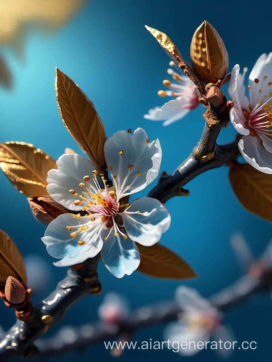 Almond Blossom 8k with details blue and gold background