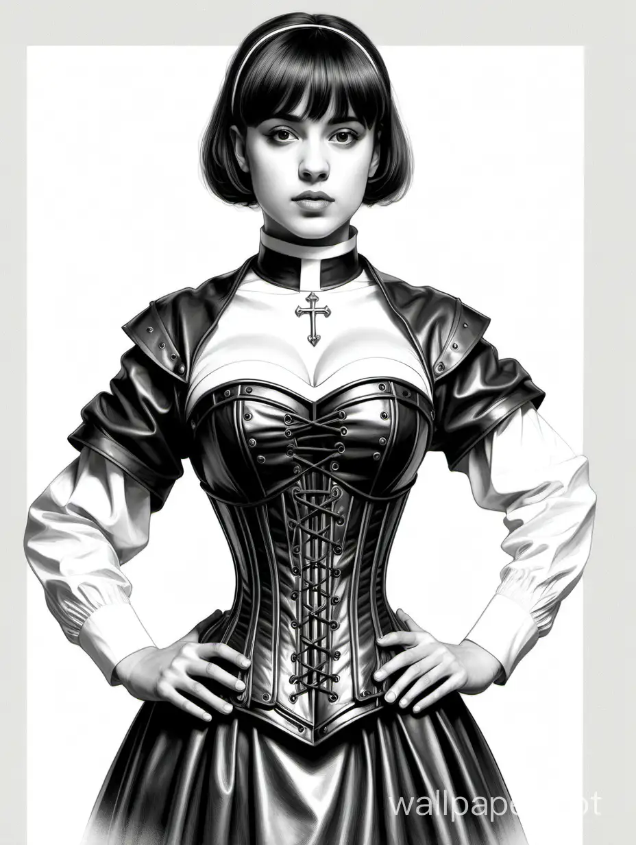 Camila Valieva, a combatant Jesuit nun, short hair with bangs, Leather corset with metal inserts, beautiful, 4-size chest with a narrow waist and large hips, black and white sketch, white background, Victorian style