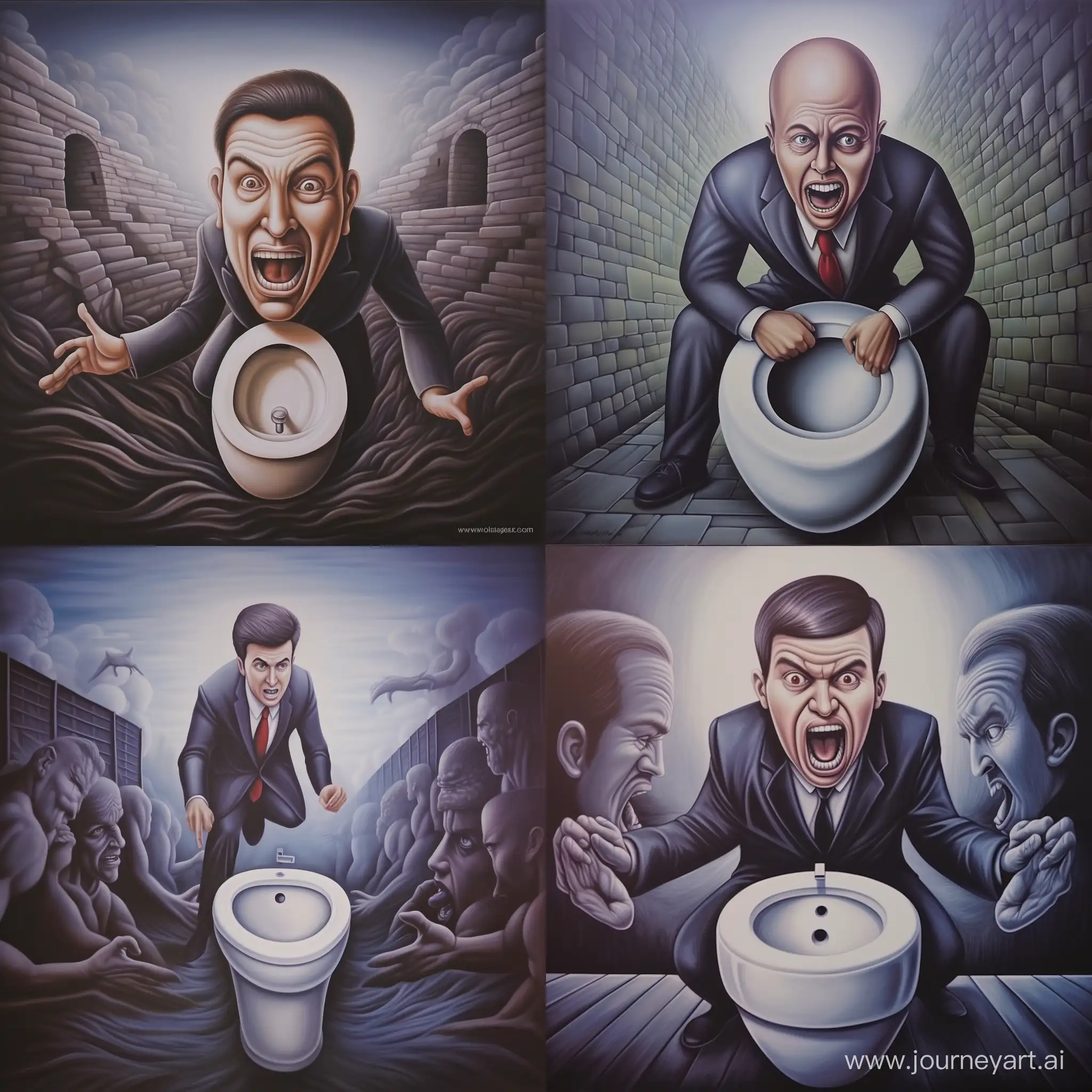 a man being chased by an entity without a body, with a man's head in a toilet bowl