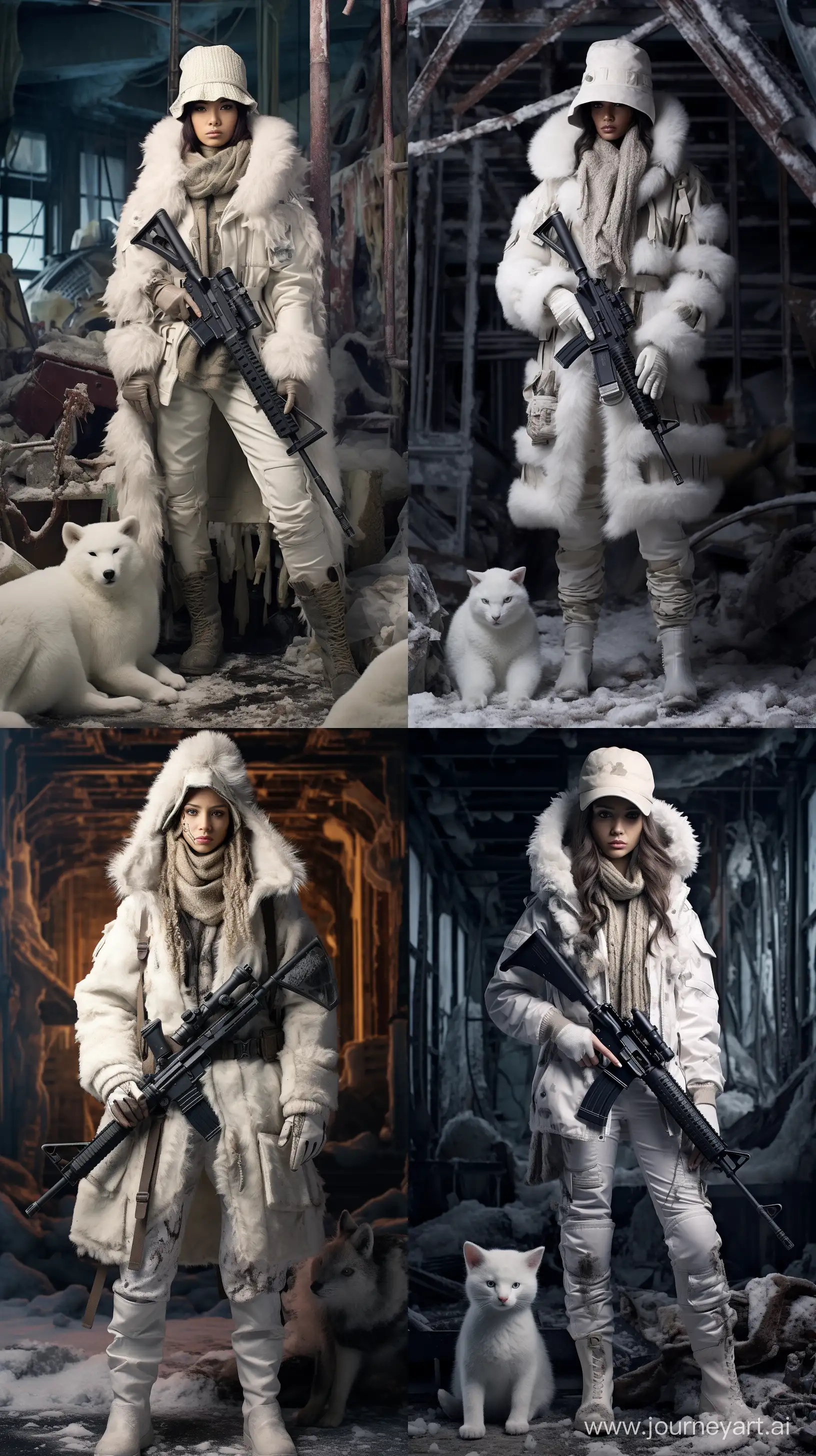 Post-Apocalypse tomboy in uniform, 35-year-old, man in a post-apocalyptic setting, dressed in a  white snow camouflage military uniform with wool  hat,  white  fur Double-breasted
Overcoat, white  fur pants and white   fur boots, solo, without weapon  --ar 9:16
