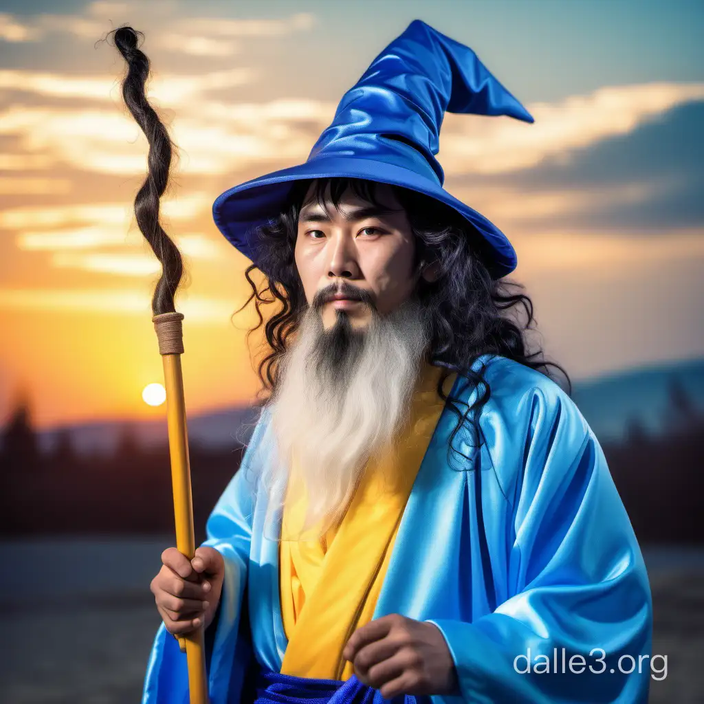 Japanese guy, with curly black hair, with a long white beard, in a blue wizard costume, a blue wizard hat on his head, a blue robe, a staff in his hand, a yellow sunset in the background, photo in the style of the 80s, realistic,