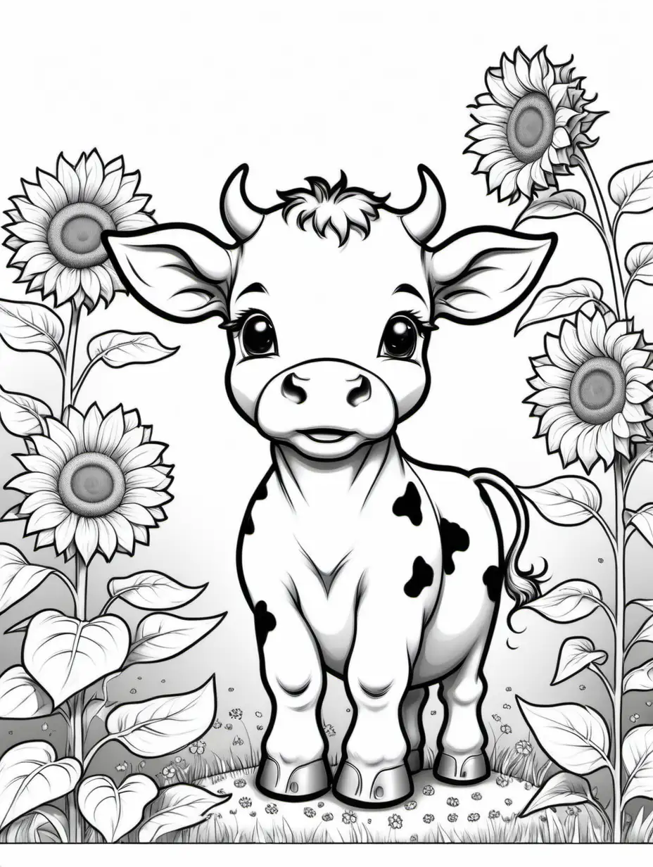Adorable Baby Cow Coloring Page with Sunflower Background