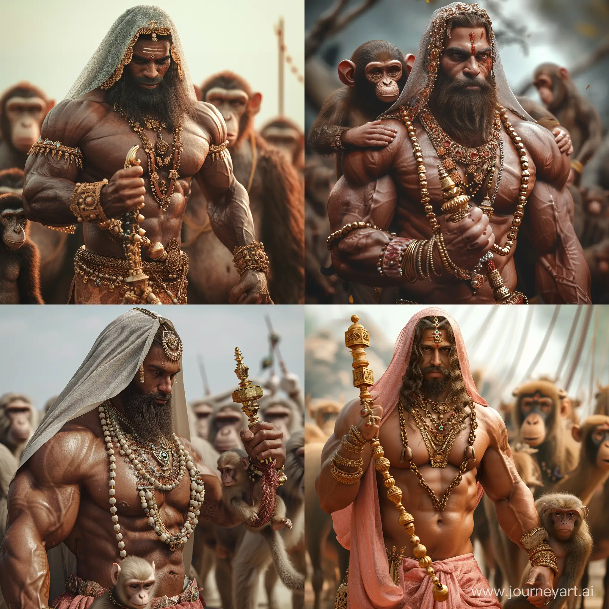 Man Bodybuilder wearing Indian veil and jewelry with a heard of a monkey, holding a gadha weapon made of gold, has a tail, hairy body, photorealistic, 8k