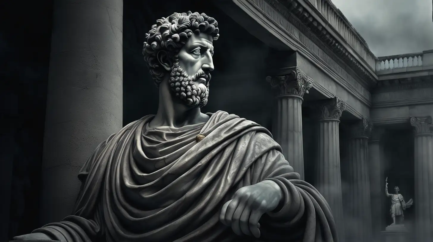 Ethereal HalfBody Statue of Marcus Aurelius in Dark Palace Setting