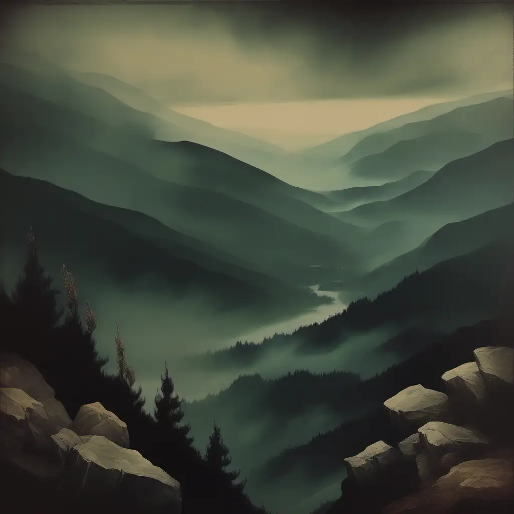 Vintage painting asthetic moody theme a view from a high mountain


