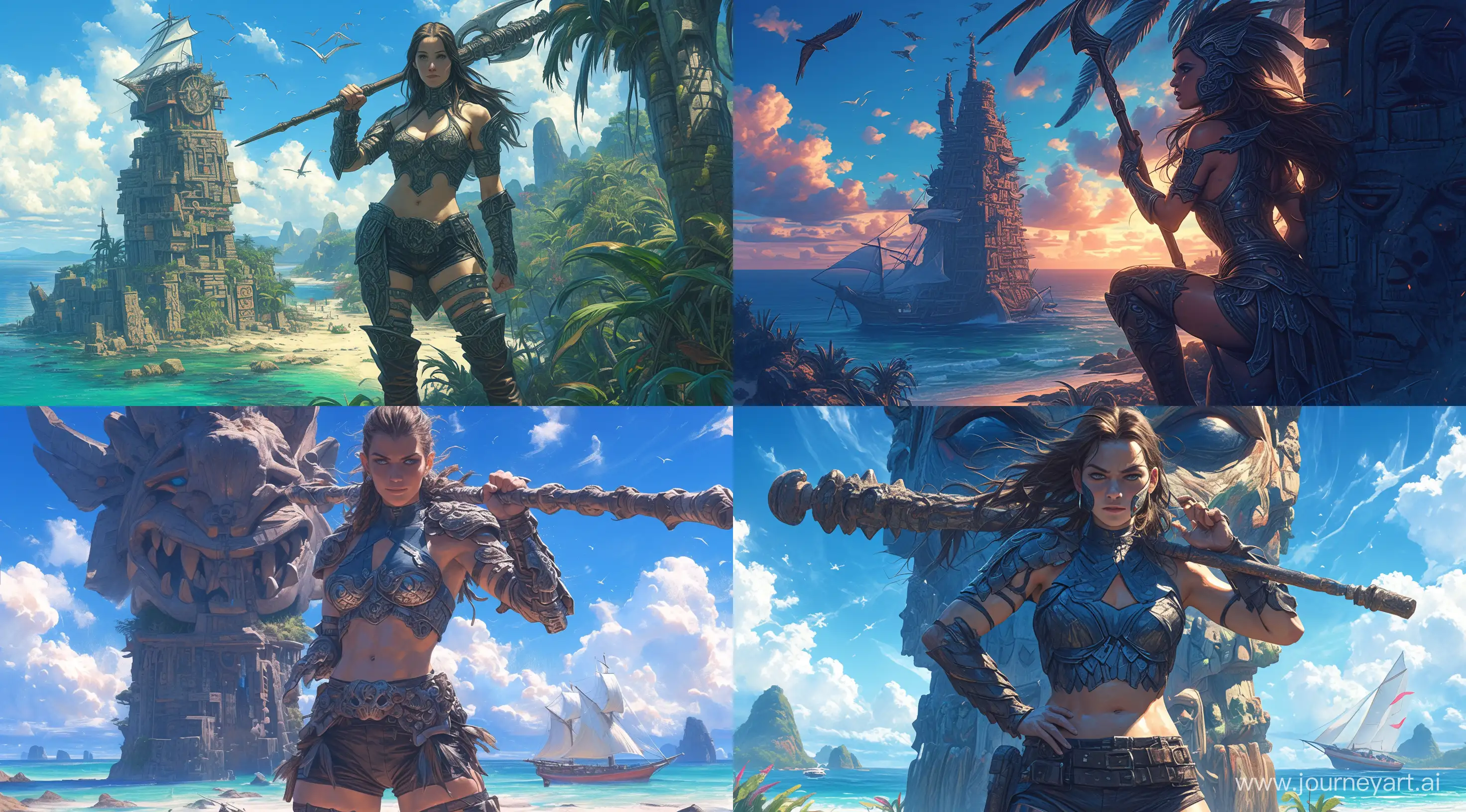 there's a sailing frigate standing on the beach a Women warrior-queen in an exquisite costume with metal inserts resembling armor, a halter top, short shorts and leather high boots, holding a fighting staff over her shoulder, on the back of a totem, tower of wizards and magic, Jim Lee and Luis Royo style, features, ancient, highly detailed, action poses, awesome face, complex, golden ratio composition, X-Men comic book cover --niji 6 --ar 9:5 --s 500