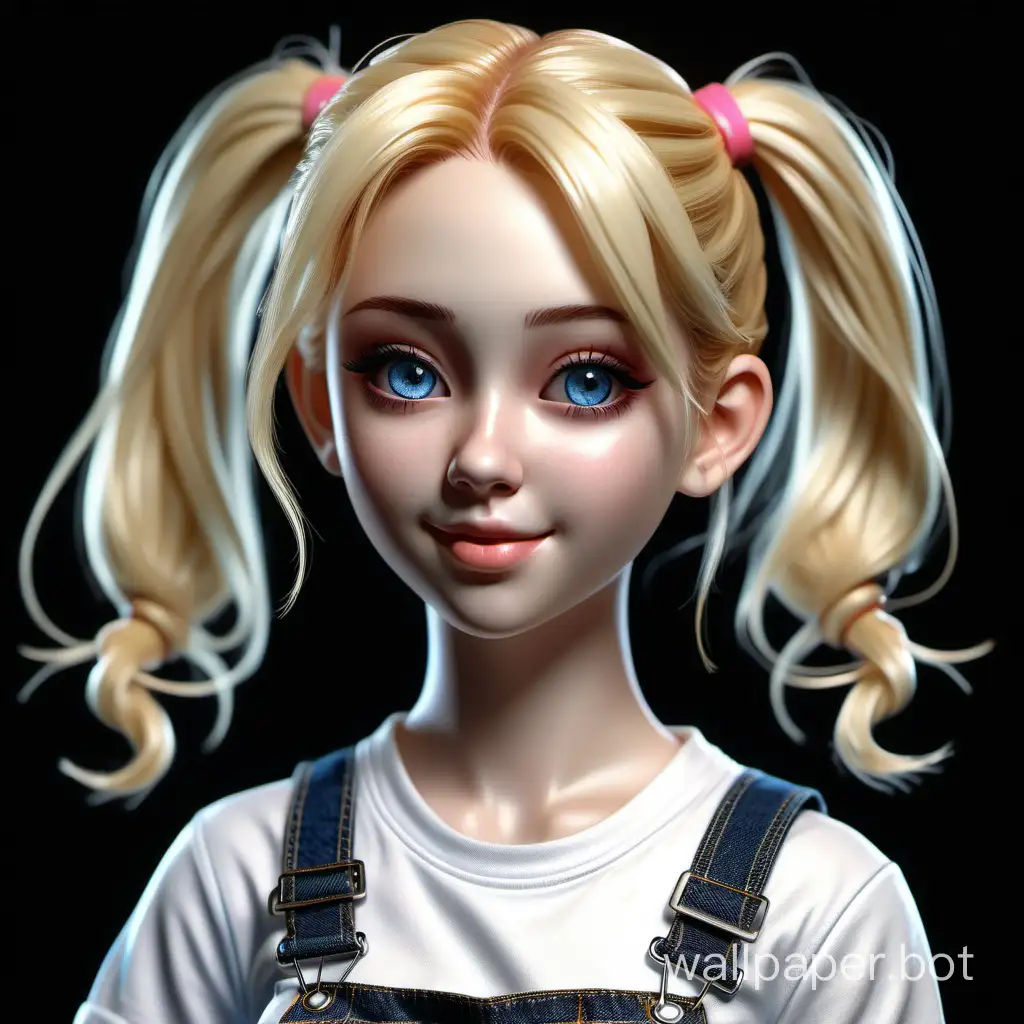 Realistic aesthetically pleasing Character - Cute playful girl 20 years old with blonde hair - 2 ponytails, detailed reflective eyes, clear skin, clothes - shirt and summer overalls - detailed. everything is proportional anatomically. definition. soft colors, hyper detail, black background. natural light. height 3/4