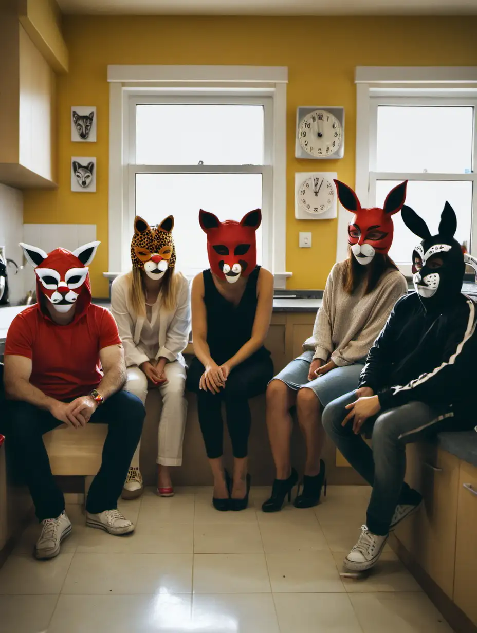 group people wearing animal masks, sitting together in a kitchen
