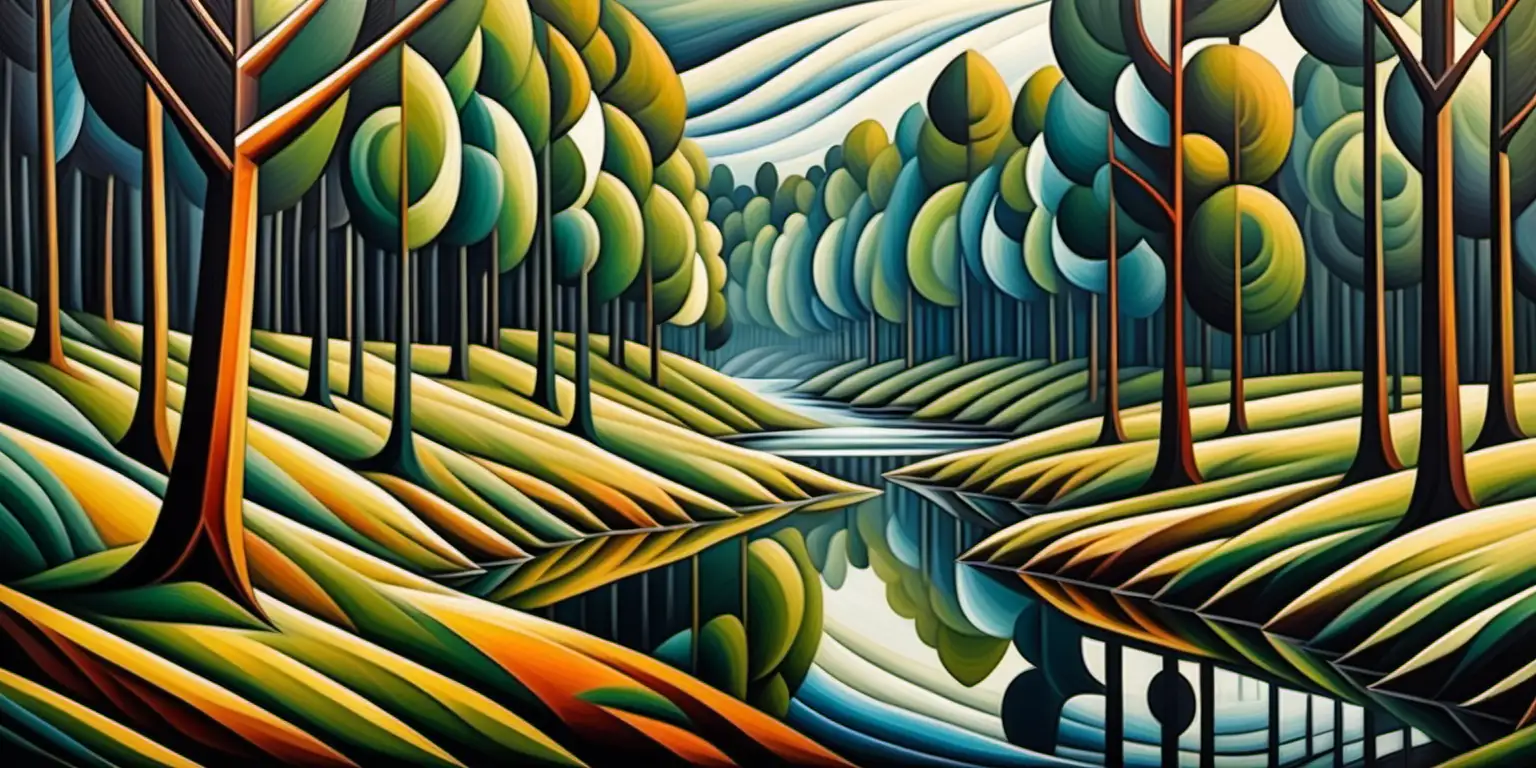 Cubiststyle Riverside Forest Painting