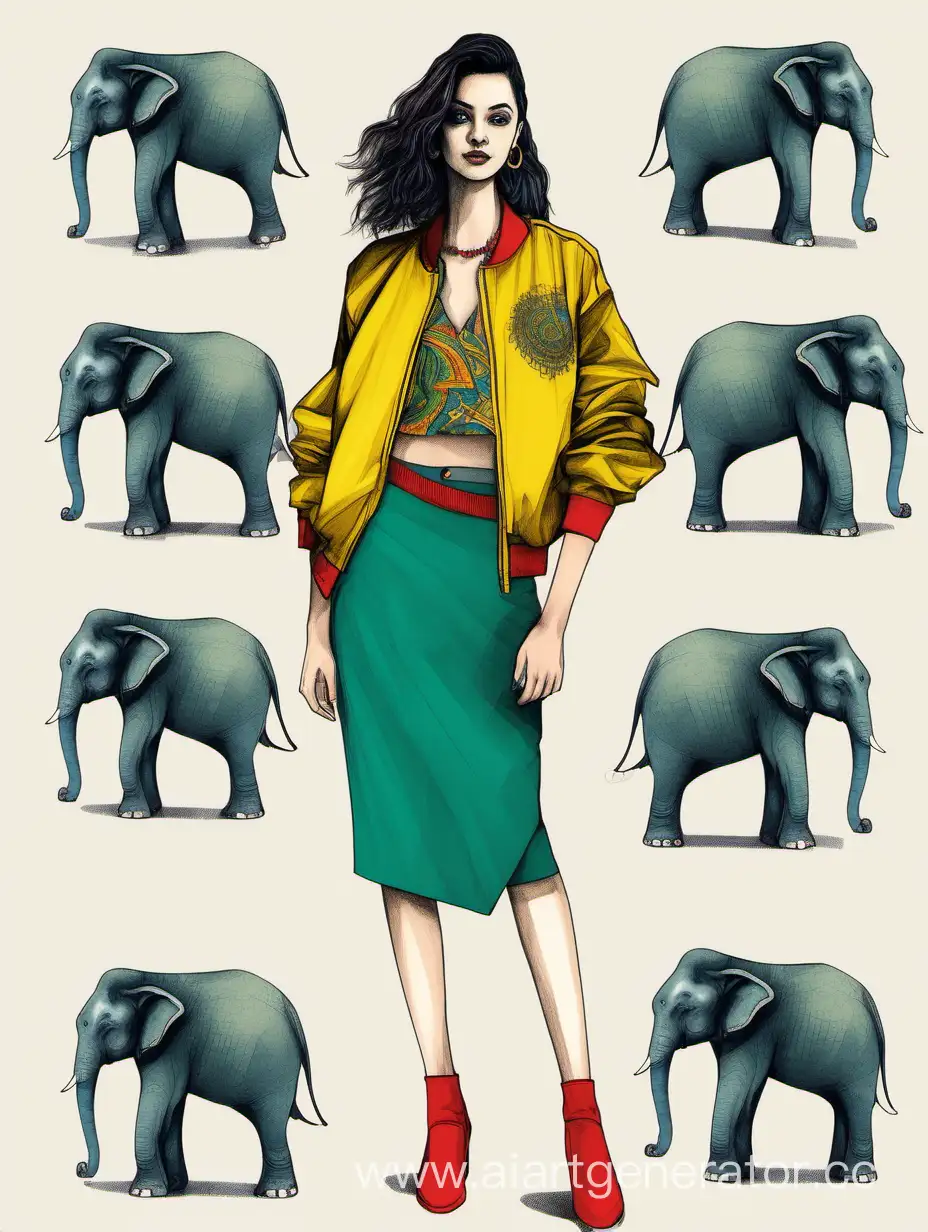 Девушка фешен рисунок в индийском стиле. На ней одет бомбер жёлтого цвета со стойкой и рукавами зелёного цвета. Топ с V-образным красного цвета вырезом и принтом индийских слонов. На девушке одета юбка на запах синего цвета