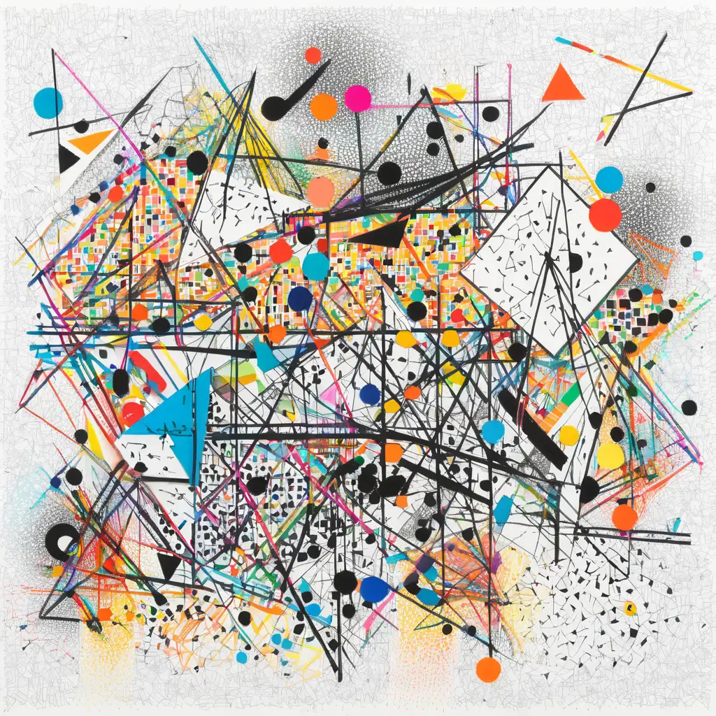 sharp geometric pattern art, black and white with many geometric small color parts, random color line scribble doodles over, nolli diagram, structured mess doodles, little abstract doodles, pattern overload
