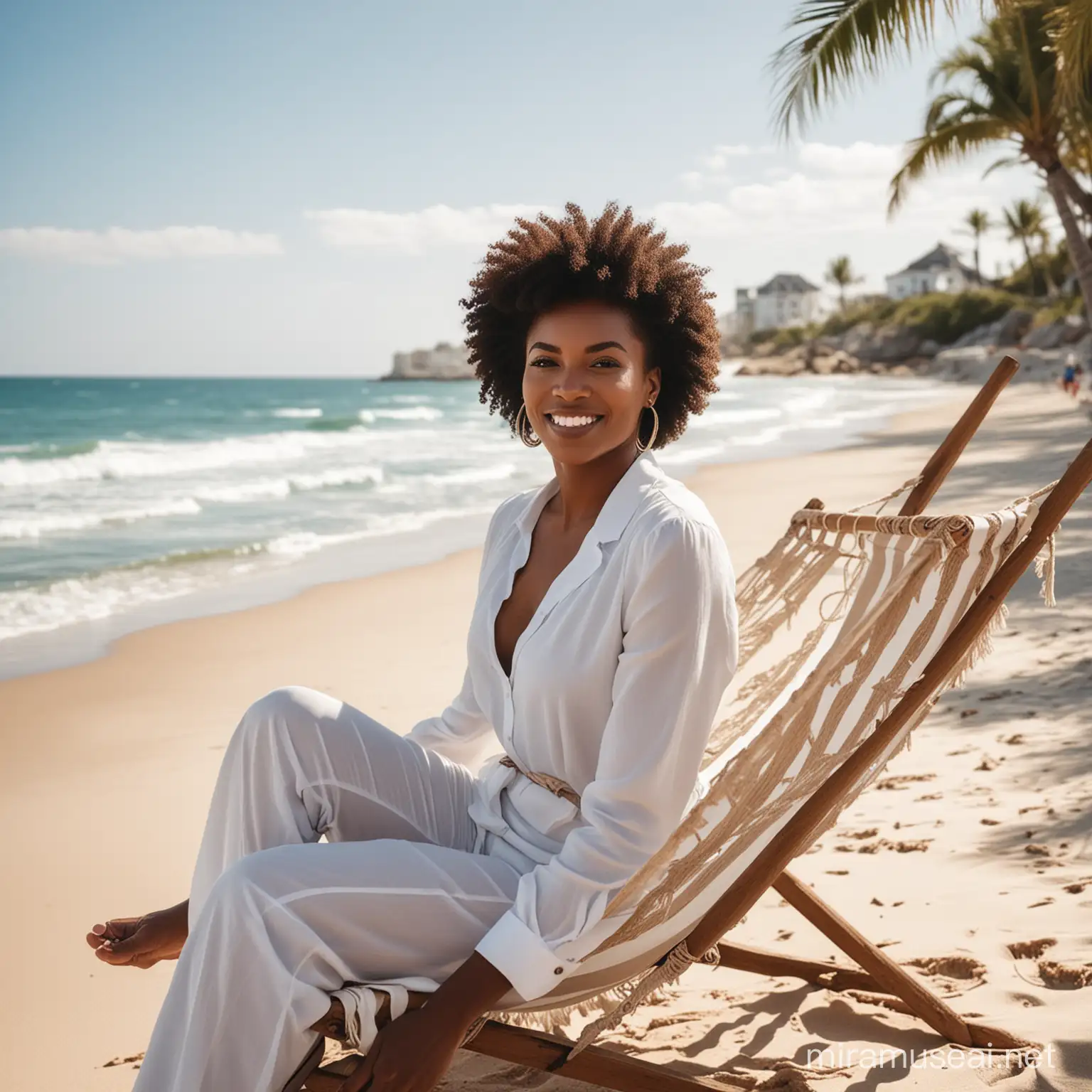 Your body, mind, and spirit are your most loyal corporate allies; treat them well.  Show an image of a black corporate lady relaxing by the beach.