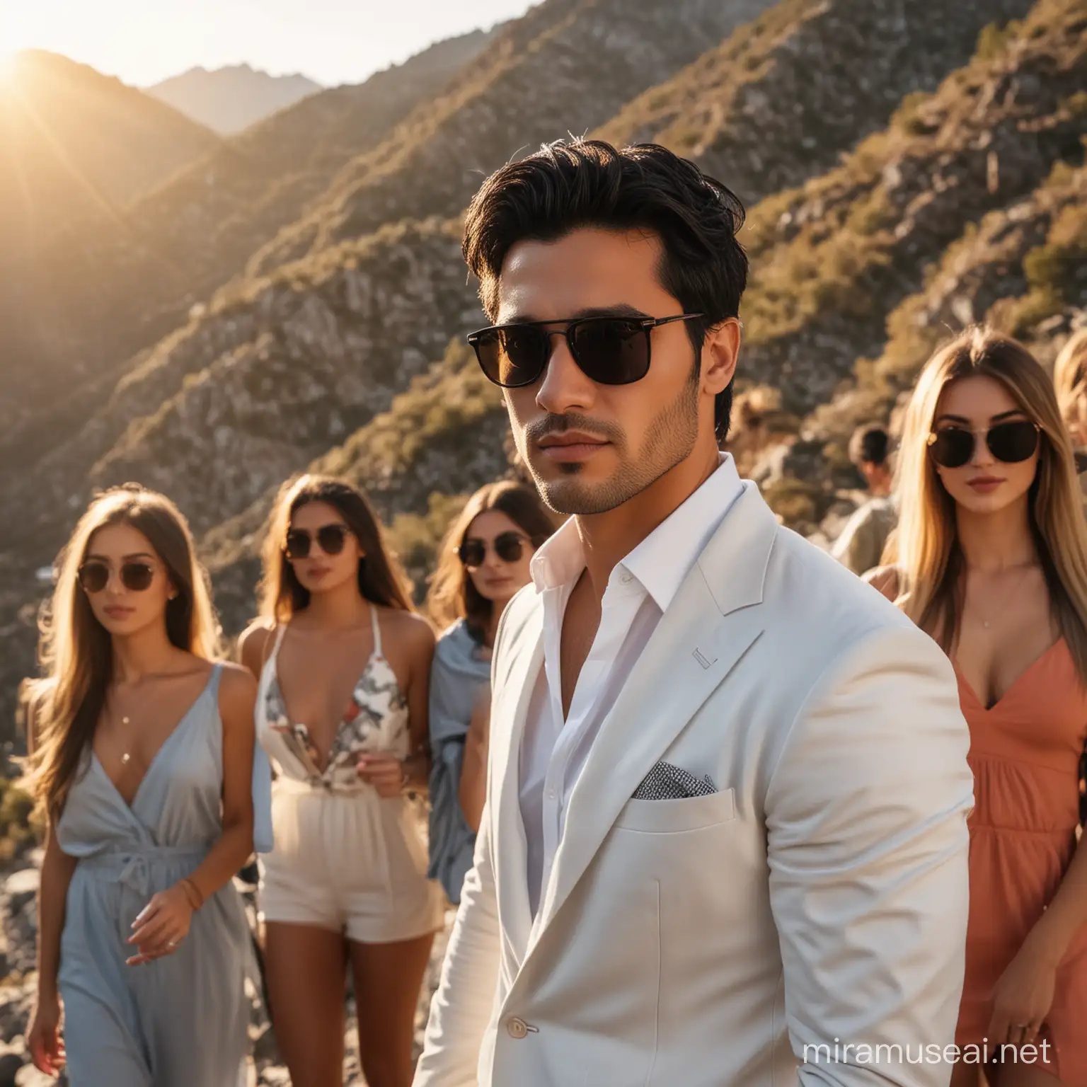 Wealthy Man with Stubble Enjoying Sunset with Friends in Mountain Range