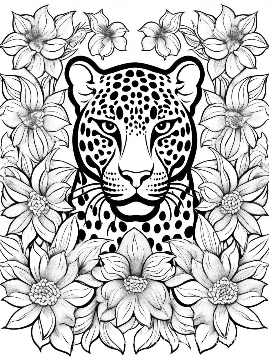 Jaguar in flowers for adults for women, Coloring Page, black and white, line art, white background, Simplicity, Ample White Space. The background of the coloring page is plain white to make it easy for young children to color within the lines. The outlines of all the subjects are easy to distinguish, making it simple for kids to color without too much difficulty