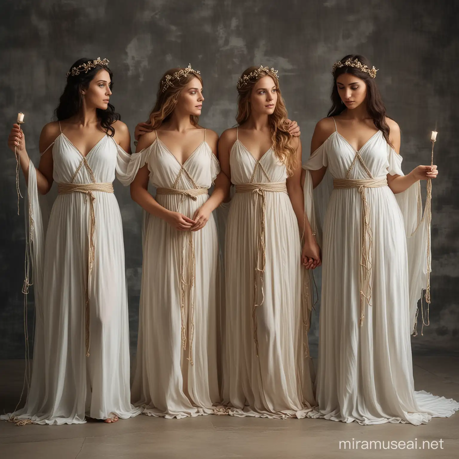 Greek mythology 3 fates beautiful women standing up wearing dresses holding thread of life
