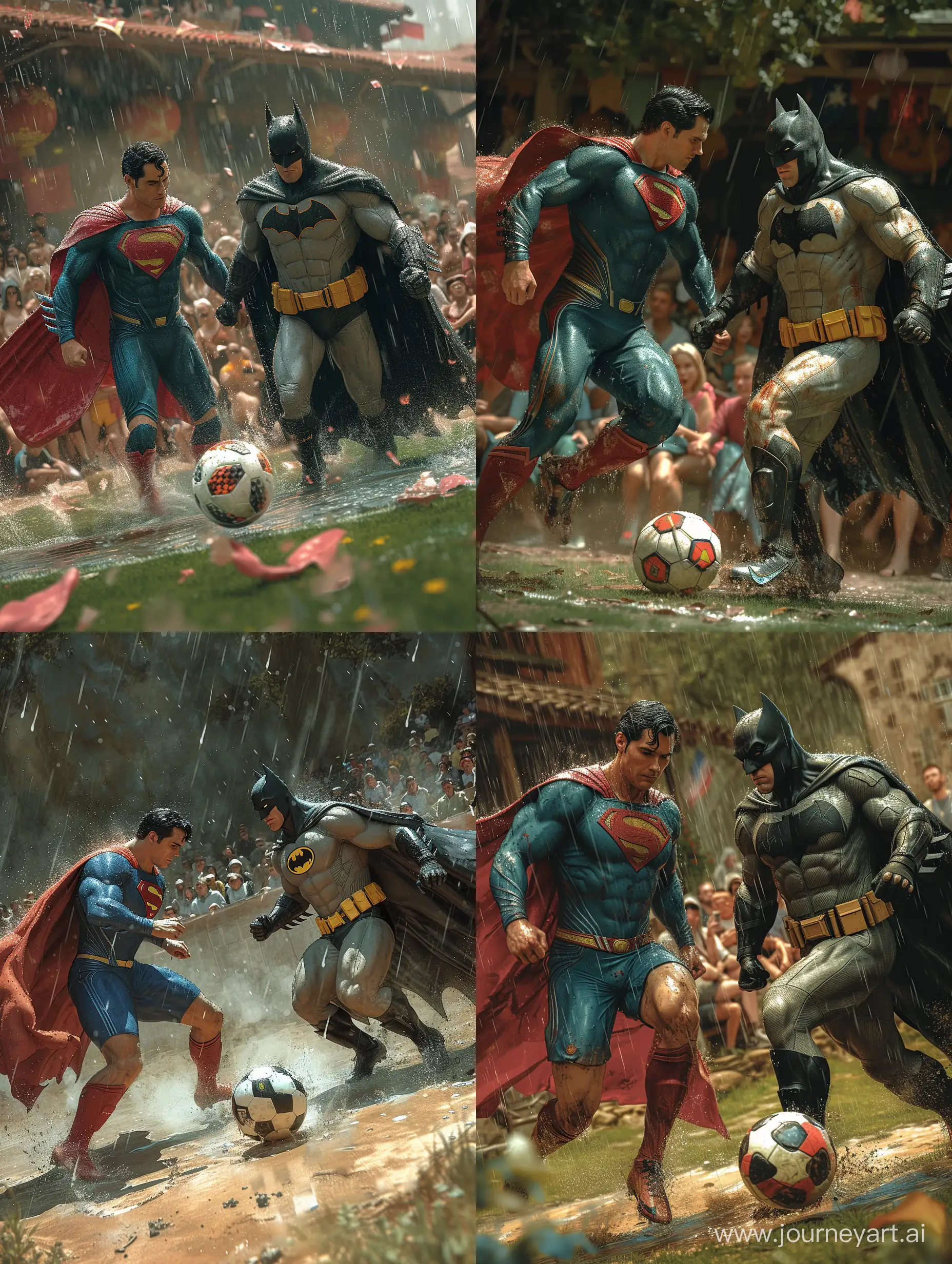 A realistic picture of Super-Man and batman playing soccer in the rain, in front of an audience watching the match, with blur in the background, accuracy, focus, and very fine details on fabrics, skin, and skin --stylize 750 --v 6