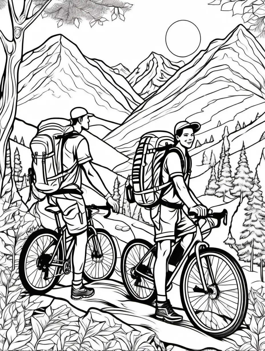 Bike Camping Hikers with Backpacks Outdoor Adventure Coloring Page
