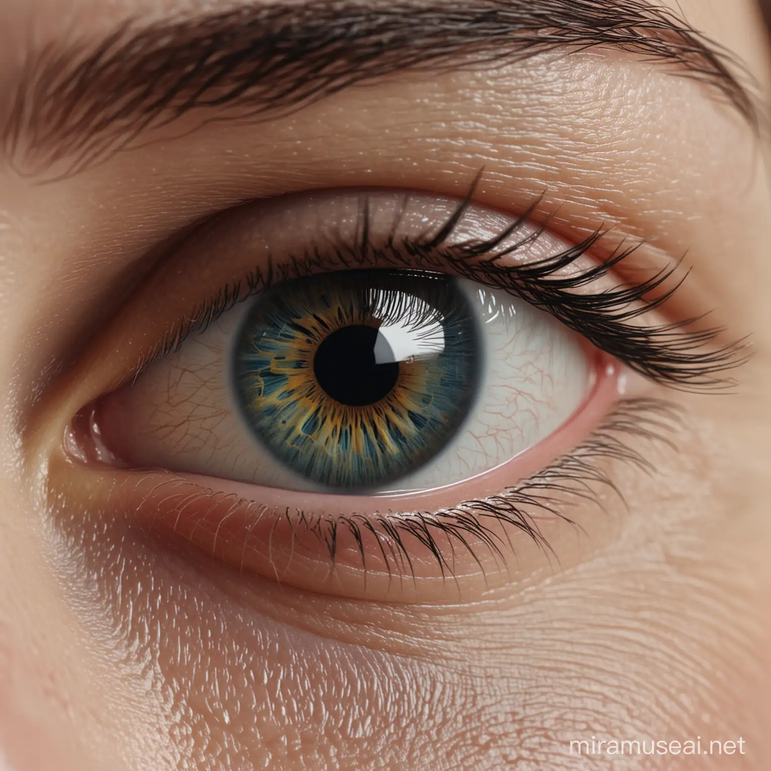 a close up detail of an eye looking at the camera. reflection of may people, 
hyper realistic, 8k