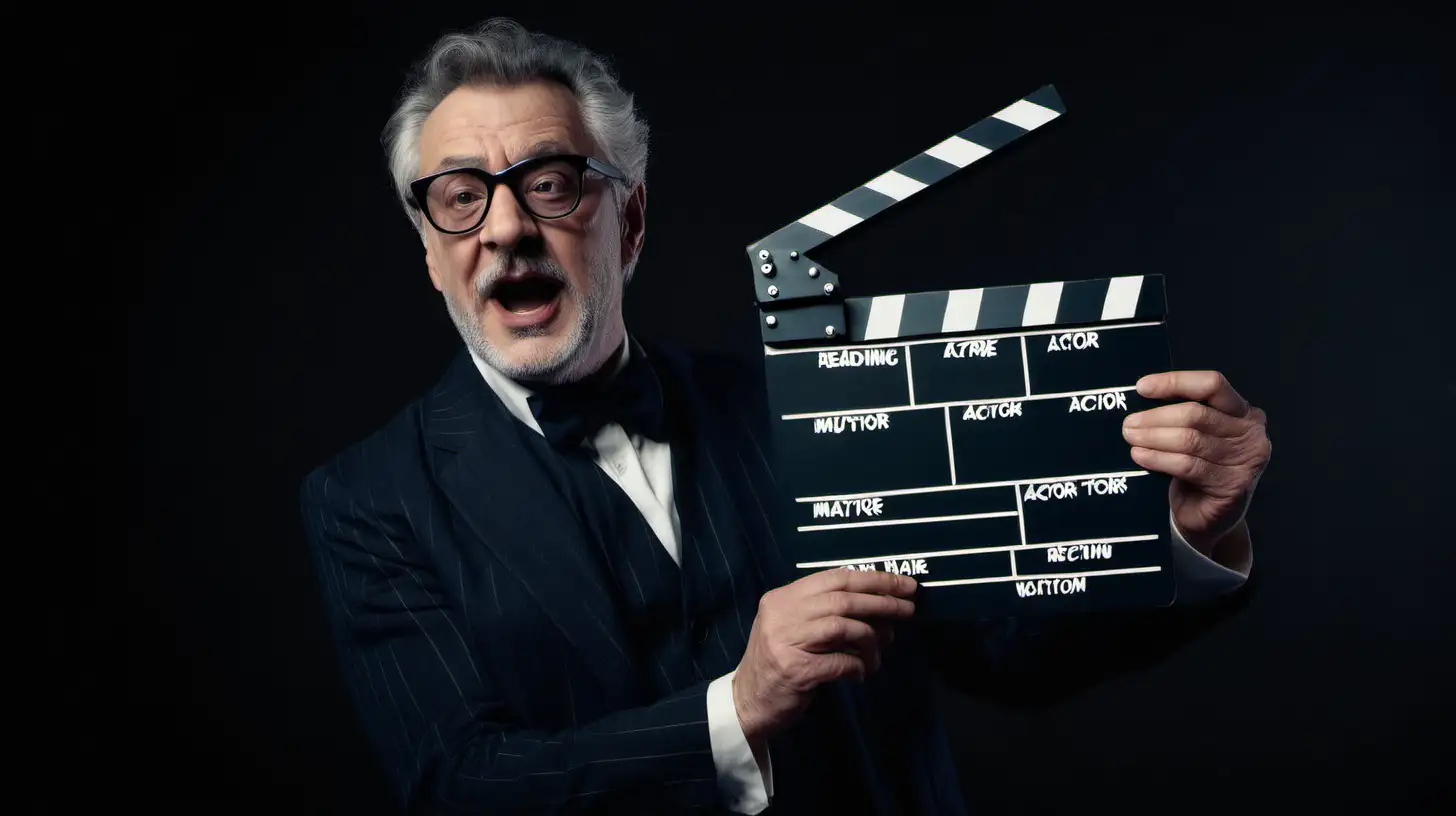 Mature actor reading script and hands with clapperboard on dark background