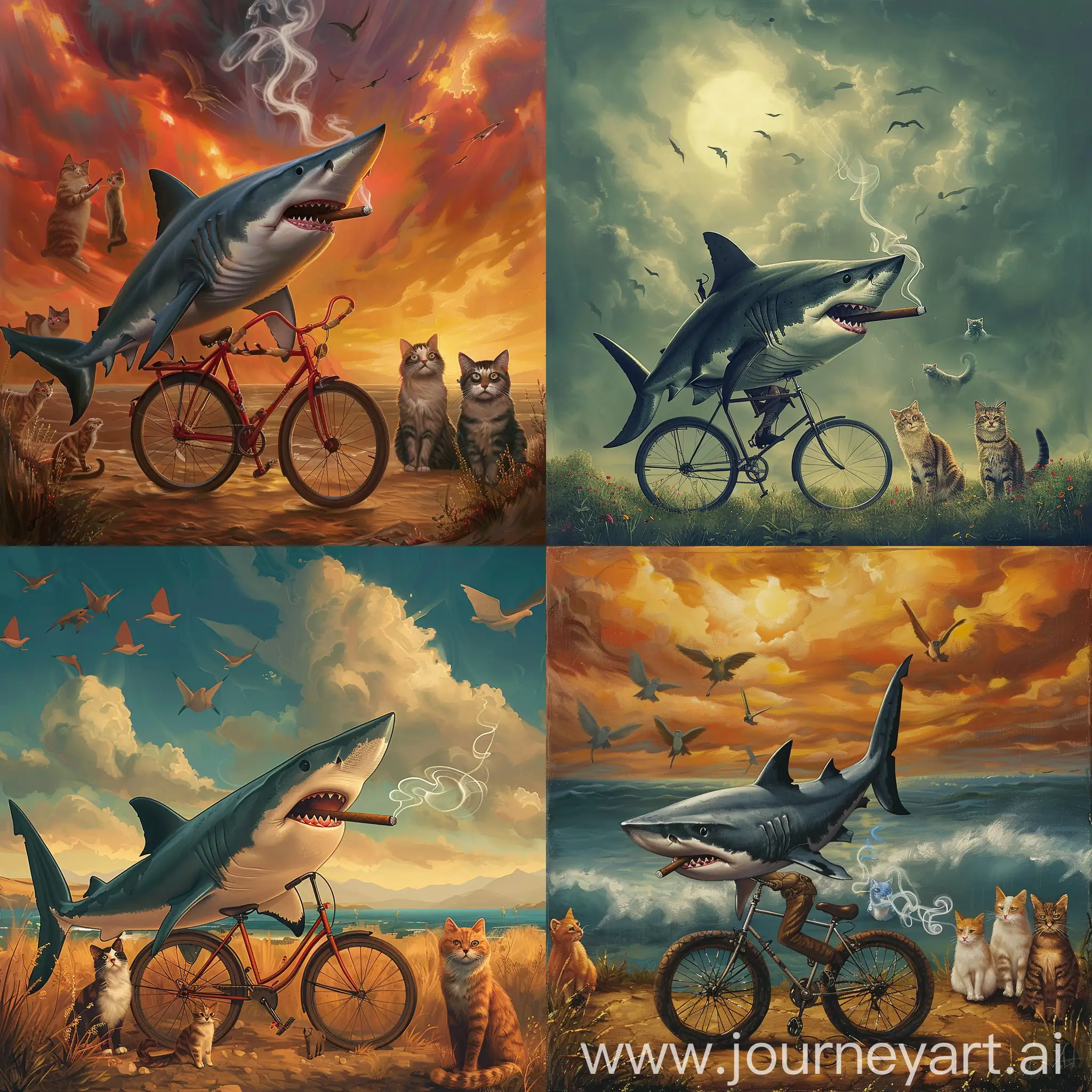 Shark-Riding-Bicycle-Smoking-Cigar-Watched-by-Cats