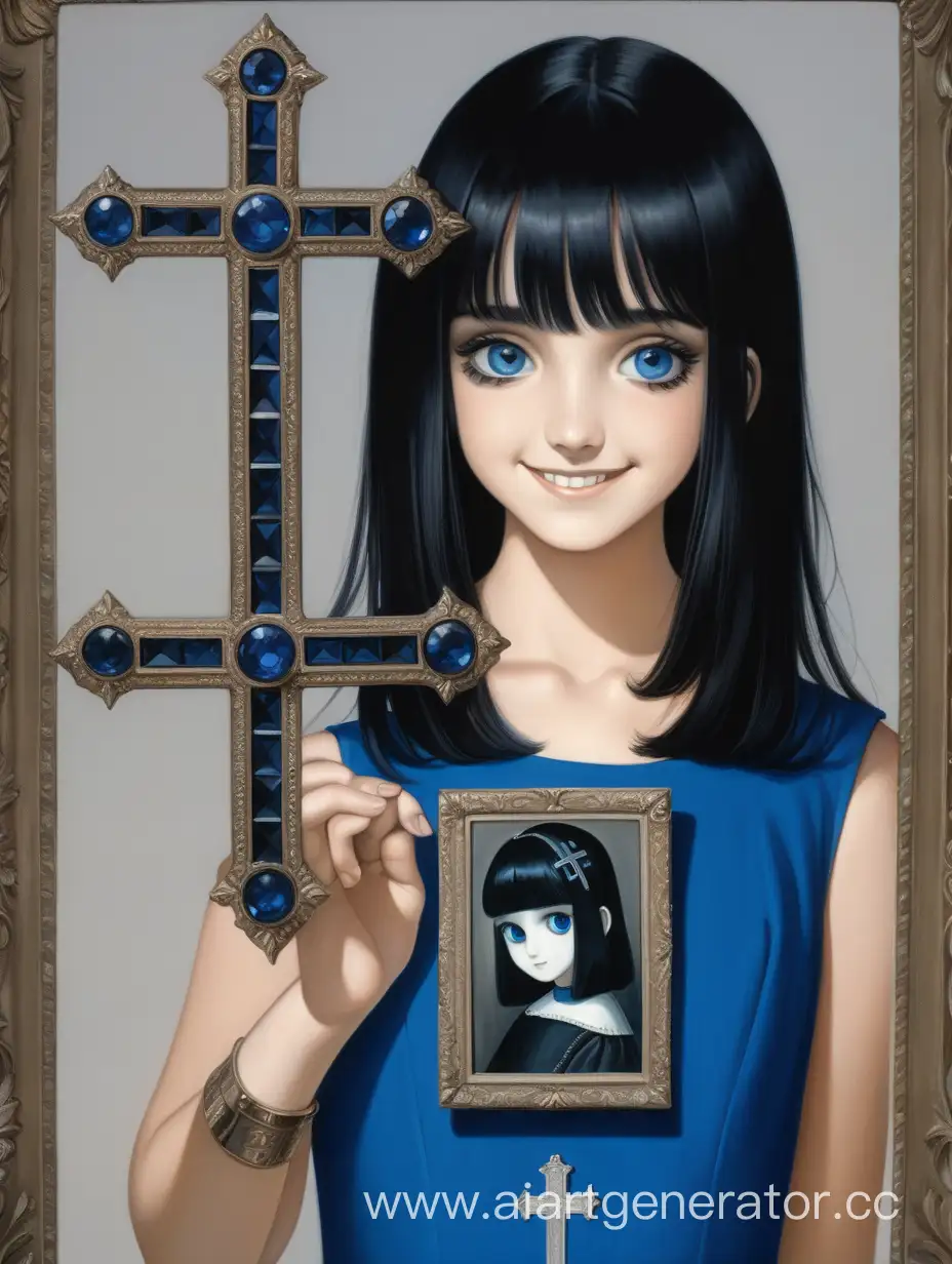 Девушка, с черными волосами, в коротком самфировомом платье, вместо глаз есть большой черный крест на пол-лица, в руках держит фотографию, где у она улыбается, и где вместо креста есть  синие глаза
