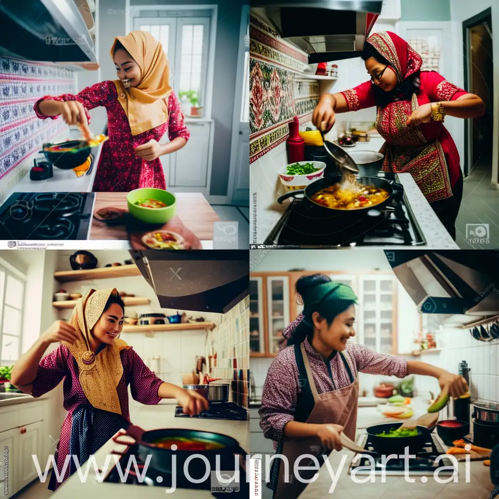 A young Malay woman is struggling cooking malay dish in the kitchen 