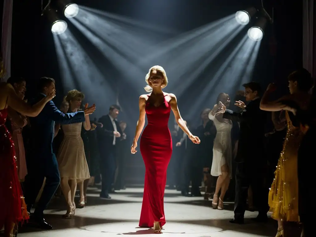 a woman in a red dress, only woman with red dress,  arriving at the party, attracting attention, cinematic, focus centered on woman, night scene, dramatic light from above, seen from behind, woman in the center, dance around her.
