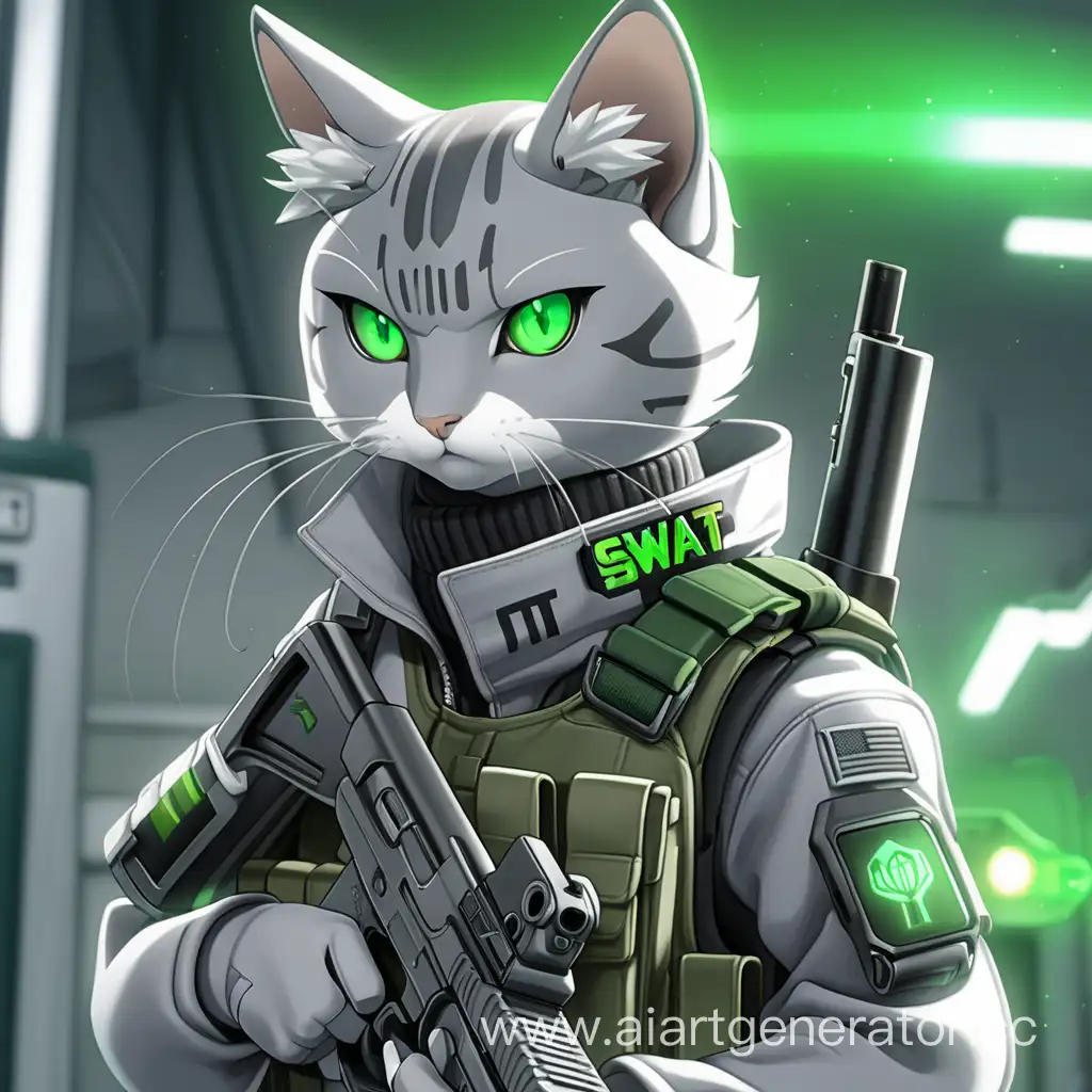 Anime-Grey-Cat-in-SWAT-Attire-with-Green-Eyes-and-Aura-Holding-a-Gun